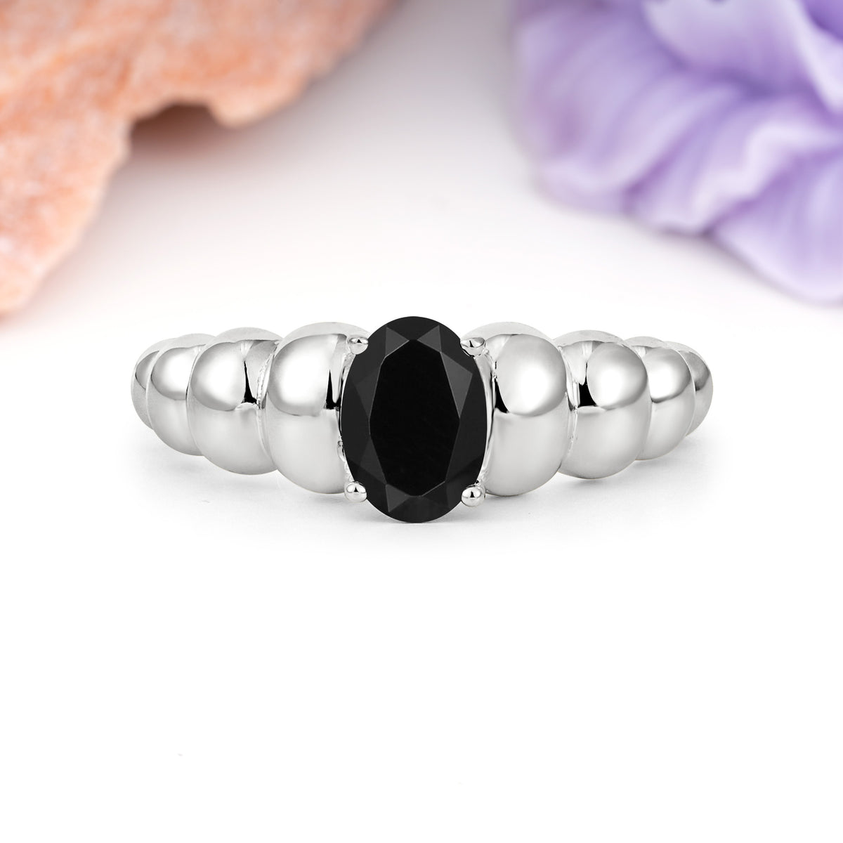 Unique Stacked 4-Prong Oval Cut Black Onyx Engagement Ring - Additional view