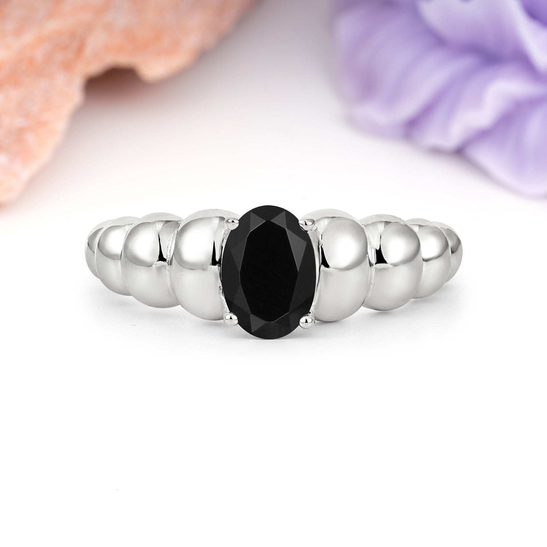 Unique Stacked 4-Prong Oval Cut Black Onyx Engagement Ring - Additional view