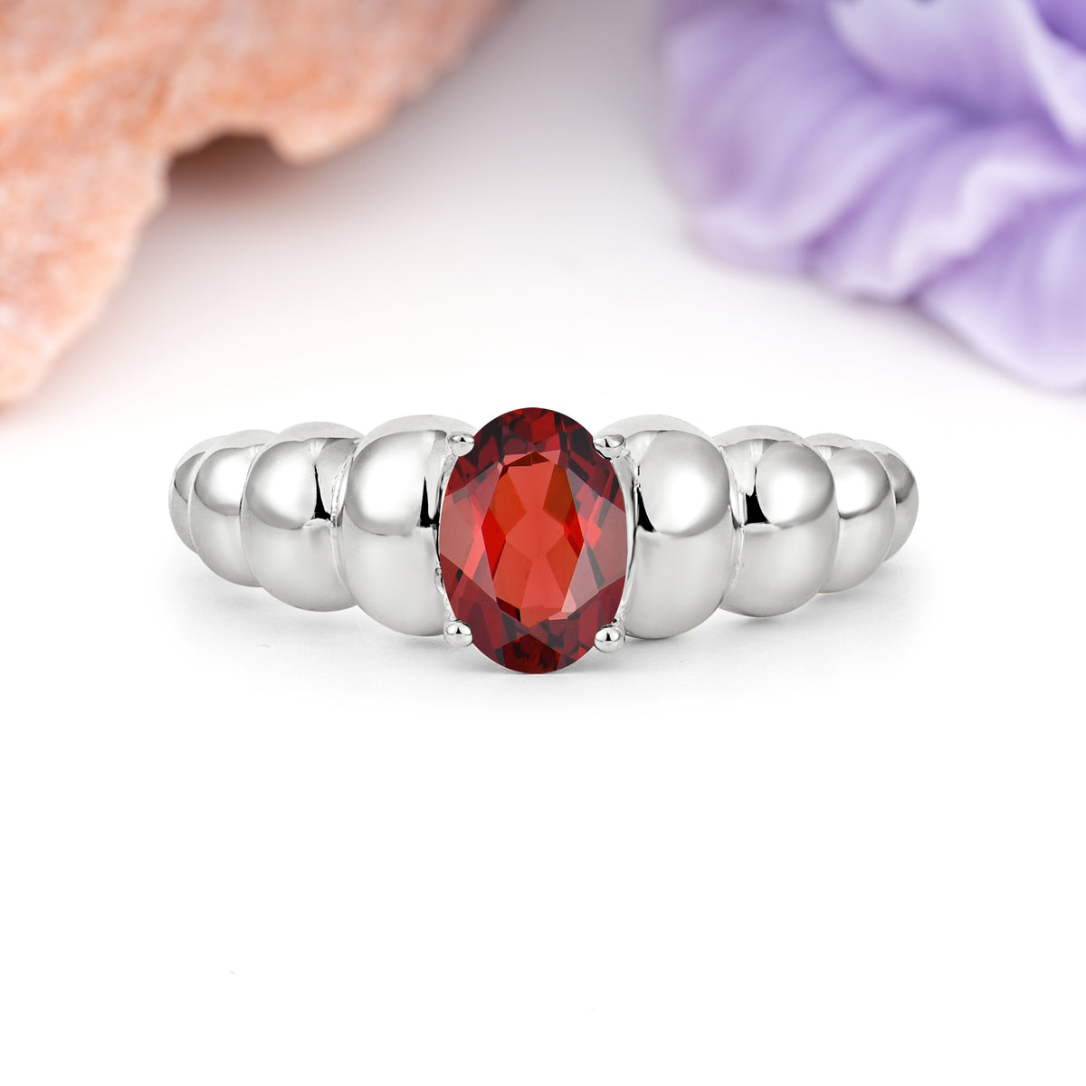 Unique Stacked 4-Prong Oval Cut Garnet Engagement Ring - Additional view