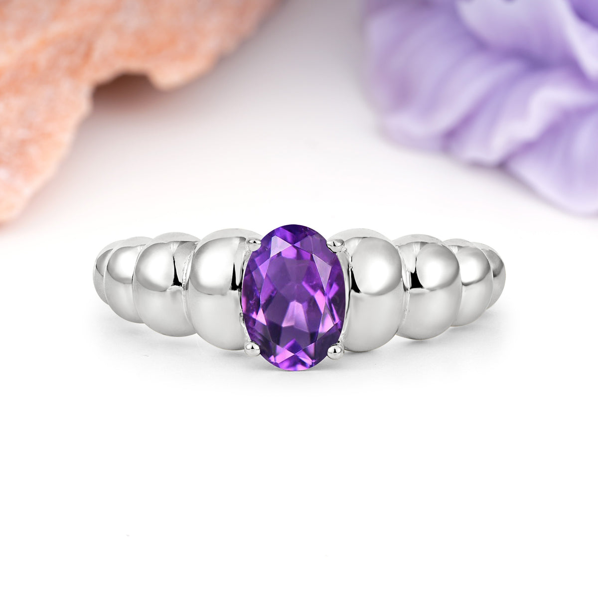 Unique Stacked 4-Prong Oval Cut Amethyst Engagement Ring - Additional view