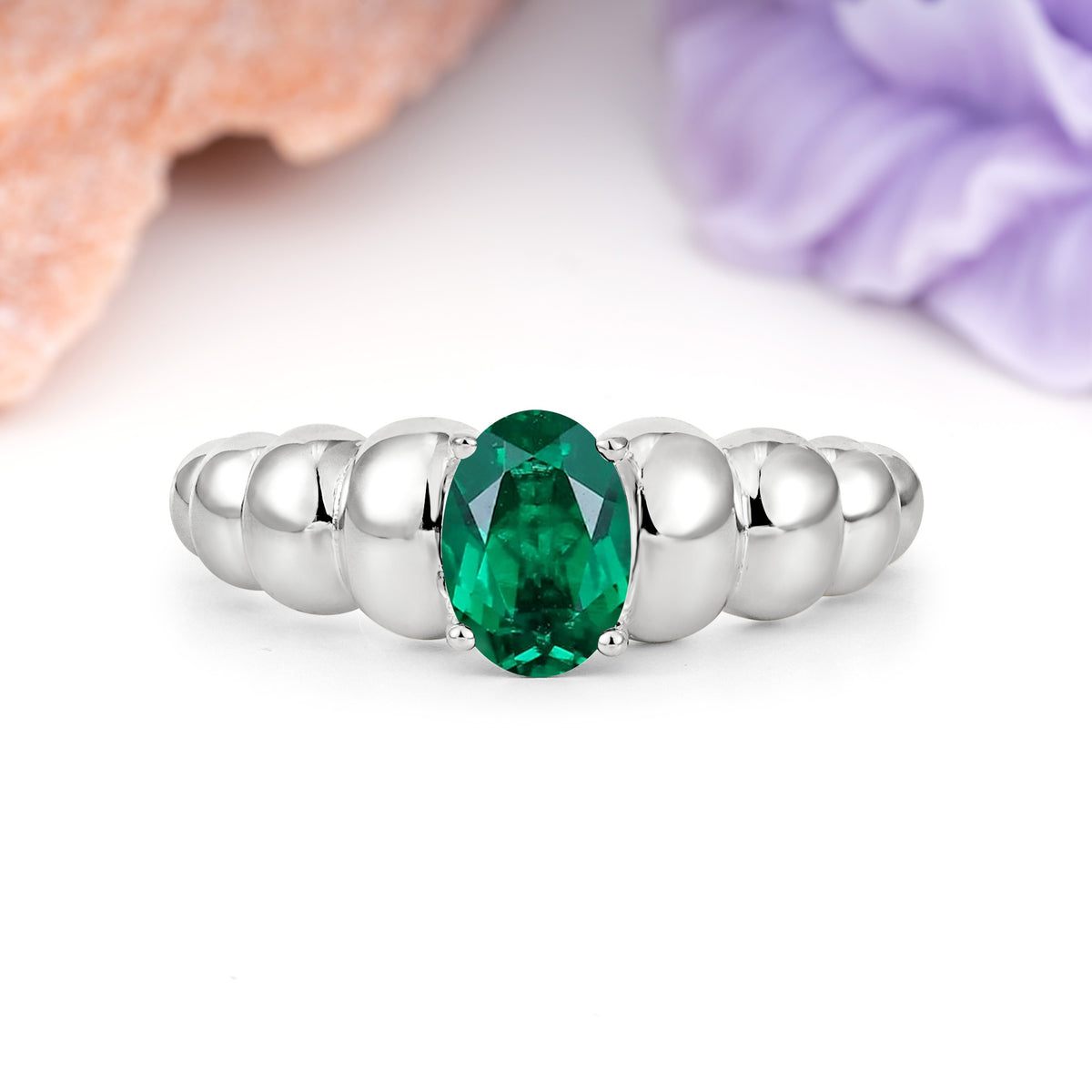 Unique Stacked 4-Prong Oval Cut Emerald Engagement Ring - Additional view
