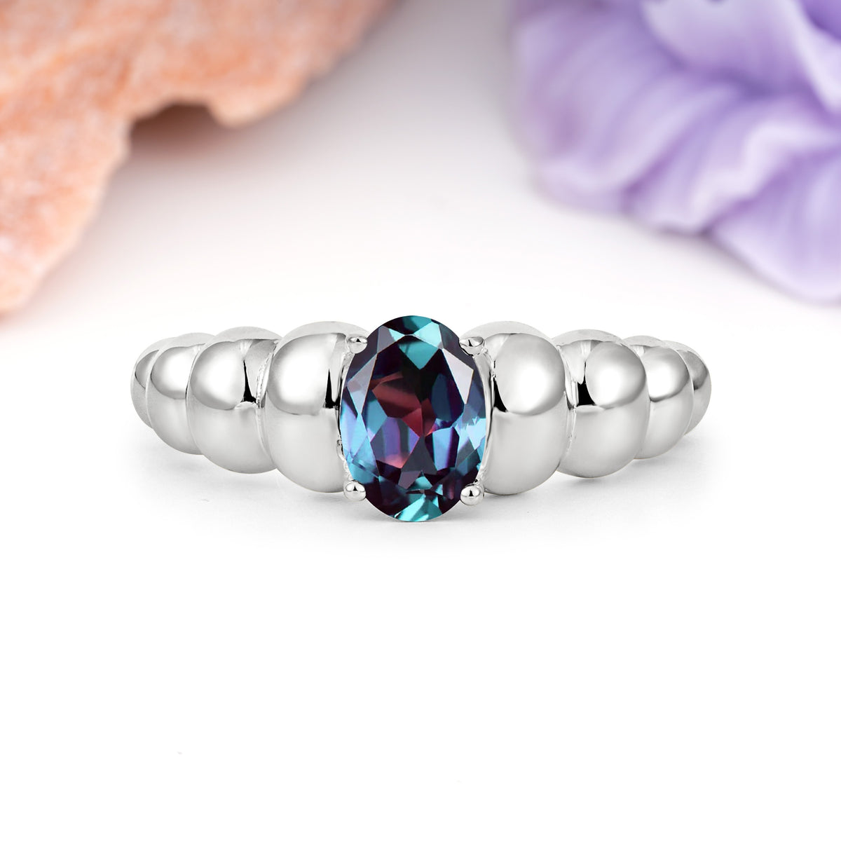 Unique Stacked 4-Prong Oval Cut Alexandrite Engagement Ring - Additional view