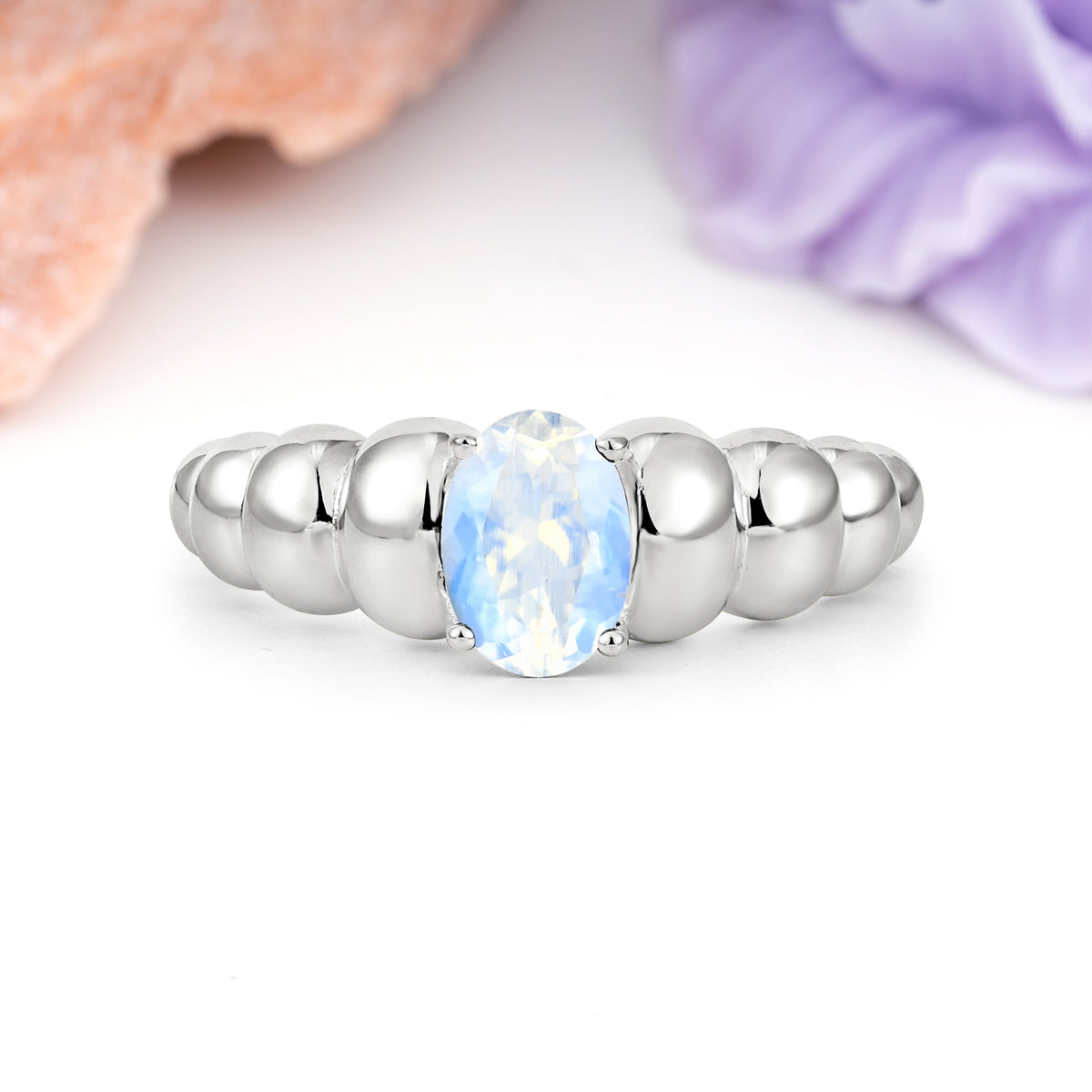 Unique Stacked 4-Prong Oval Cut Moonstone Engagement Ring - Additional view