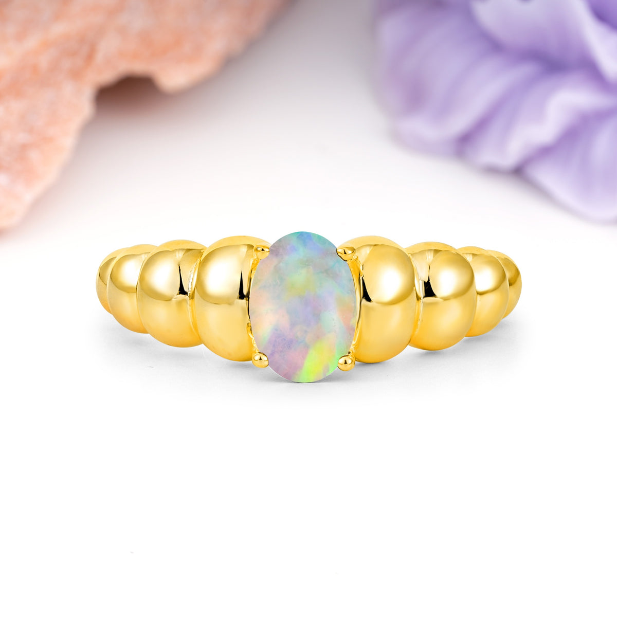 Unique Stacked 4-Prong Oval Cut Fire Opal Engagement Ring - Additional view