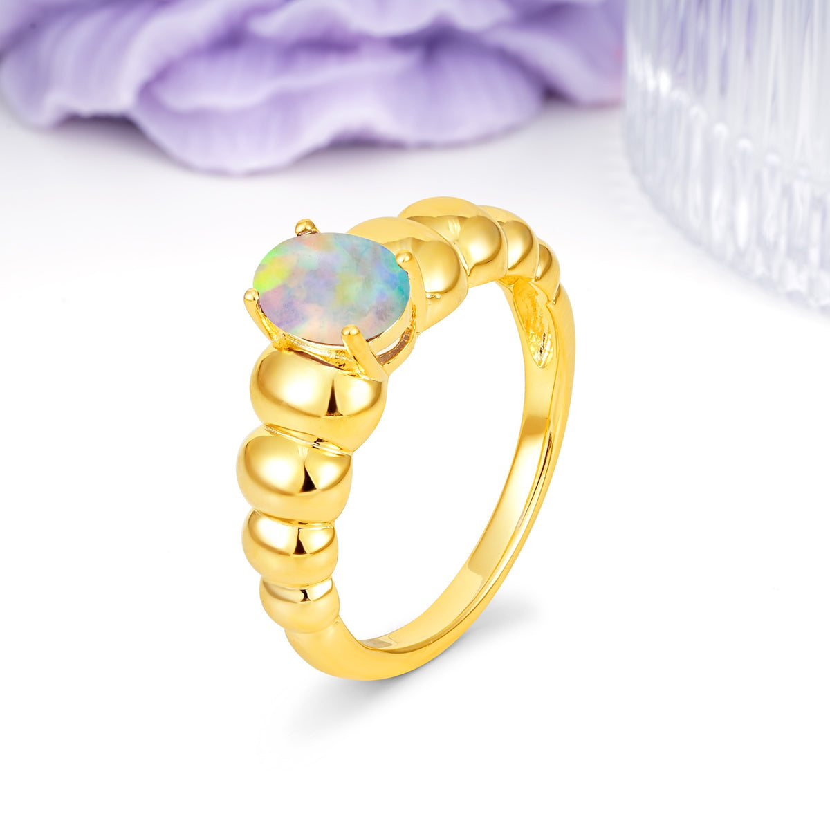 Unique Stacked 4-Prong Oval Cut Fire Opal Engagement Ring - Additional view