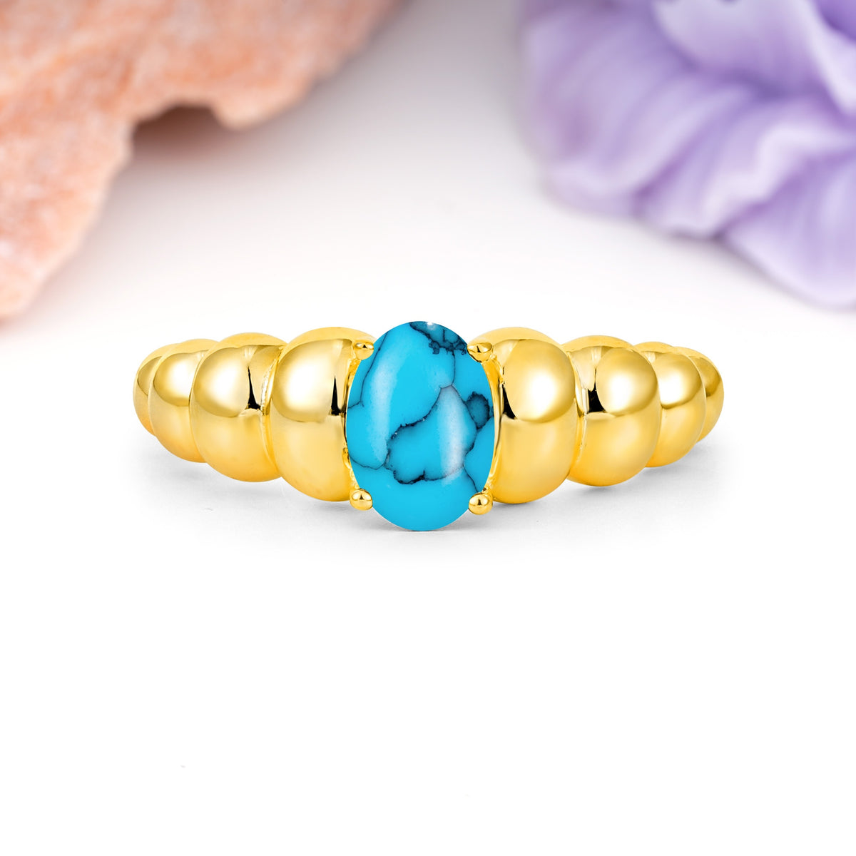 Unique Stacked 4-Prong Oval Cut Turquoise Engagement Ring - Additional view
