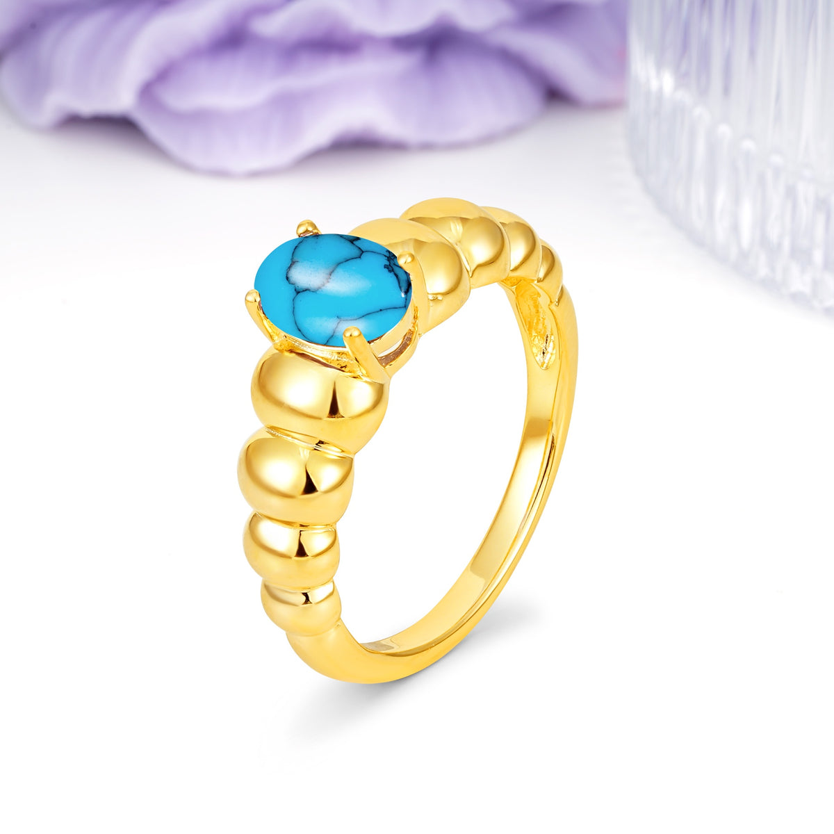 Unique Stacked 4-Prong Oval Cut Turquoise Engagement Ring - Additional view