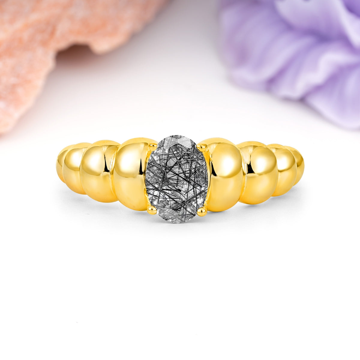 Unique Stacked 4-Prong Oval Cut Black Rutilated Quartz Engagement Ring - Additional view