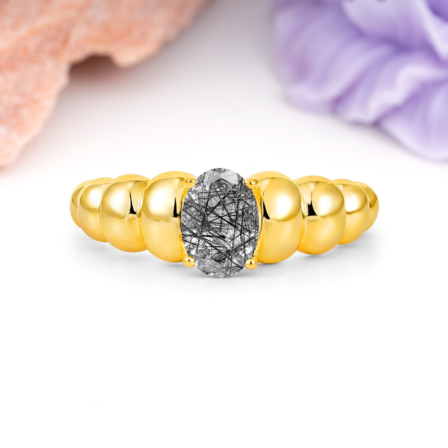 Unique Stacked 4-Prong Oval Cut Black Rutilated Quartz Engagement Ring - Additional view