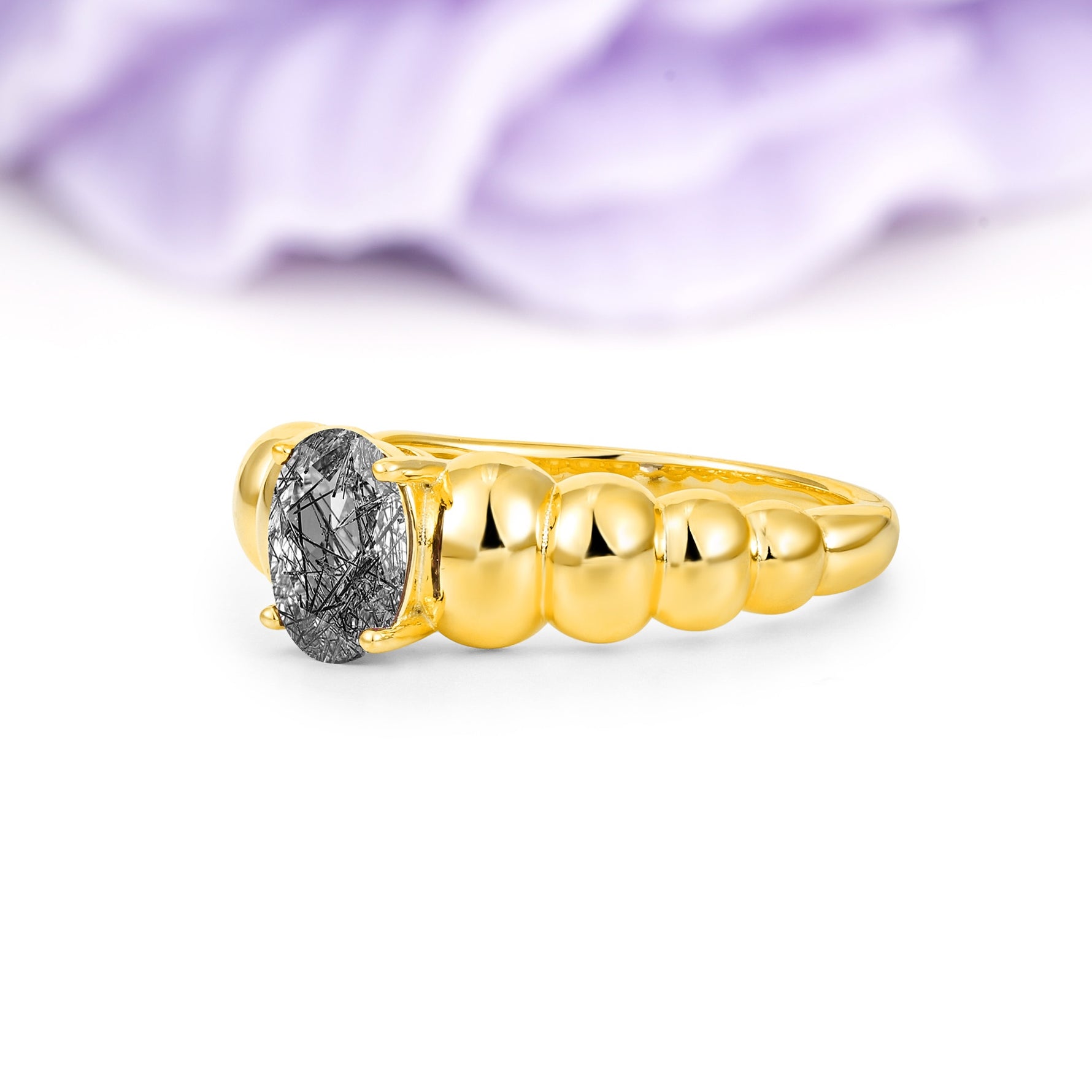 Unique Stacked 4-Prong Oval Cut Black Rutilated Quartz Engagement Ring - Additional view