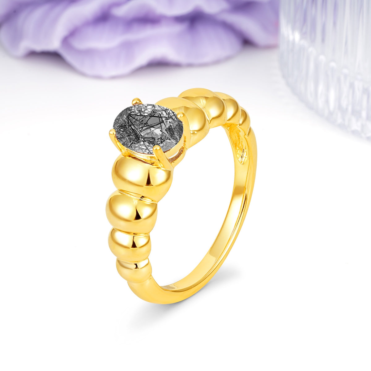 Unique Stacked 4-Prong Oval Cut Black Rutilated Quartz Engagement Ring - Additional view