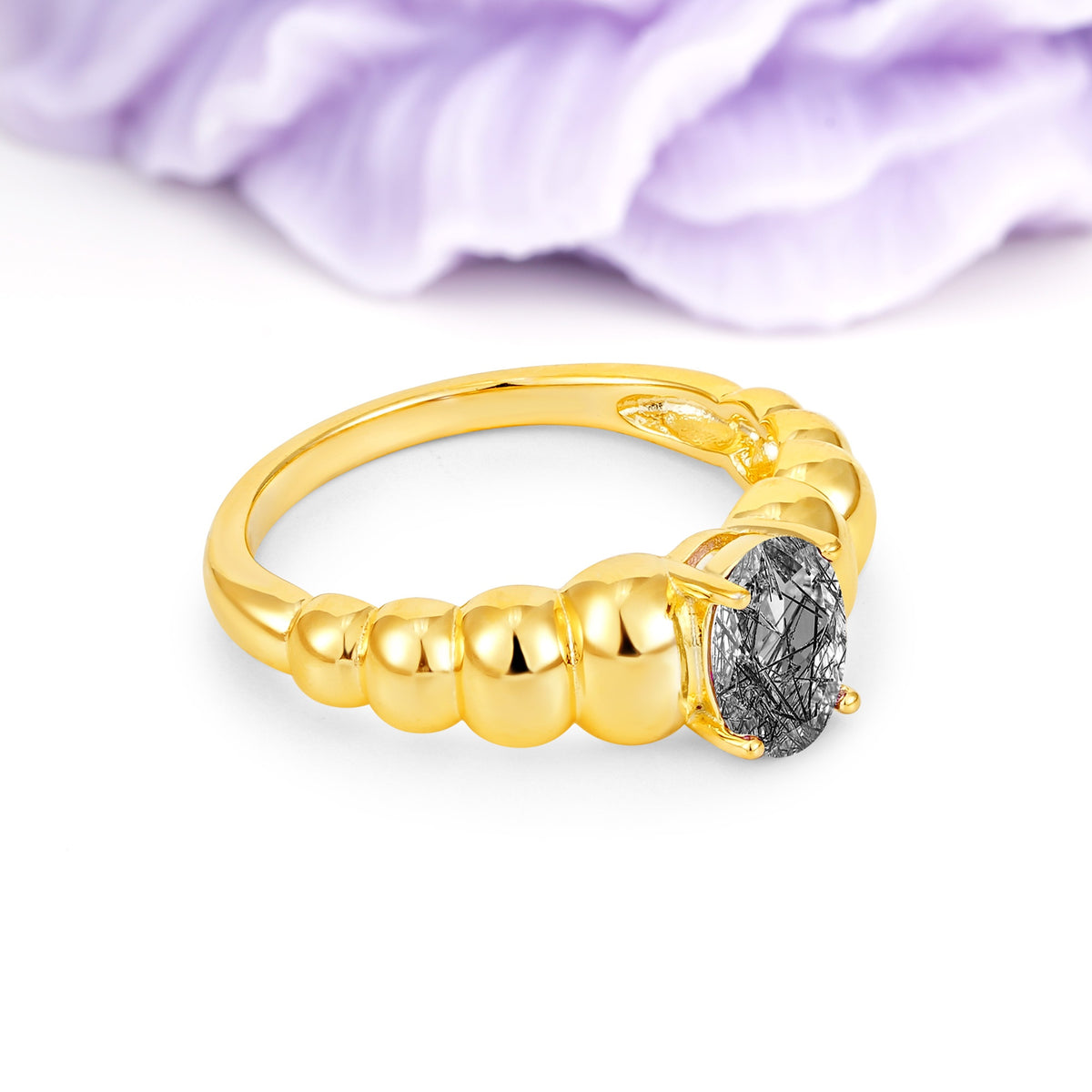 Unique Stacked 4-Prong Oval Cut Black Rutilated Quartz Engagement Ring - Additional view
