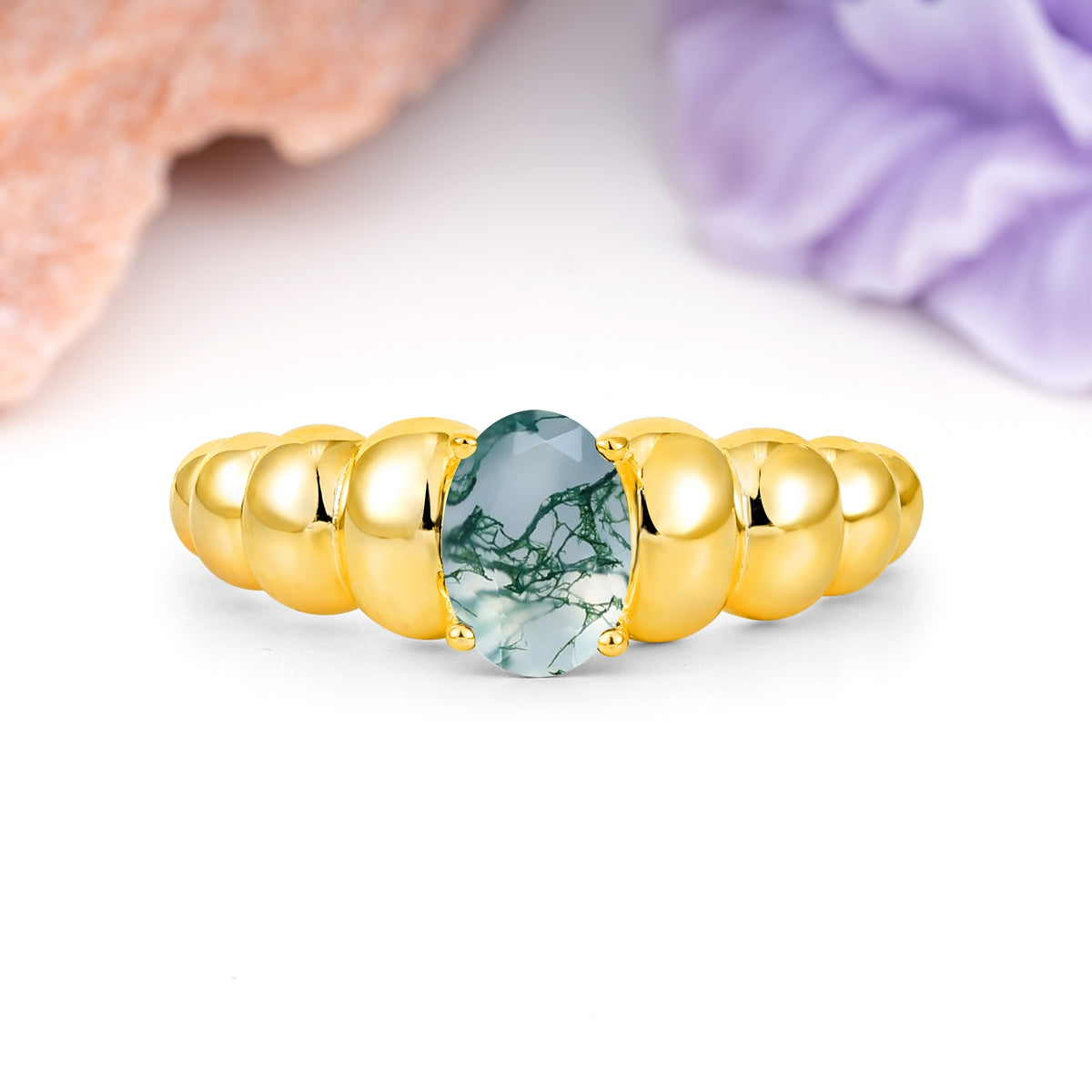 Unique Stacked 4-Prong Oval Cut Moss Agate Engagement Ring - Additional view