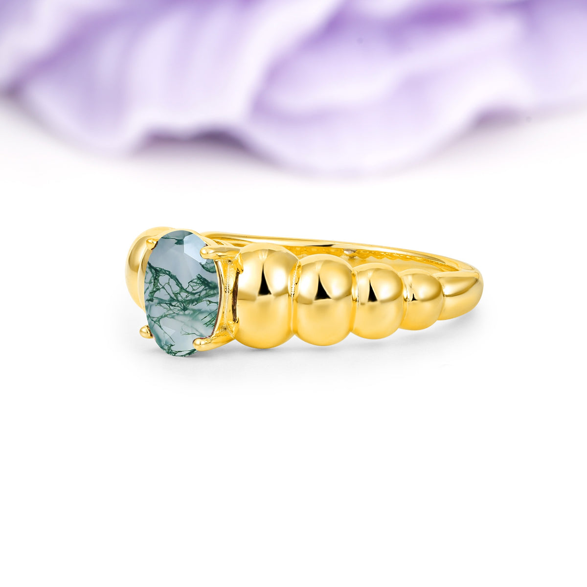 Unique Stacked 4-Prong Oval Cut Moss Agate Engagement Ring - Additional view