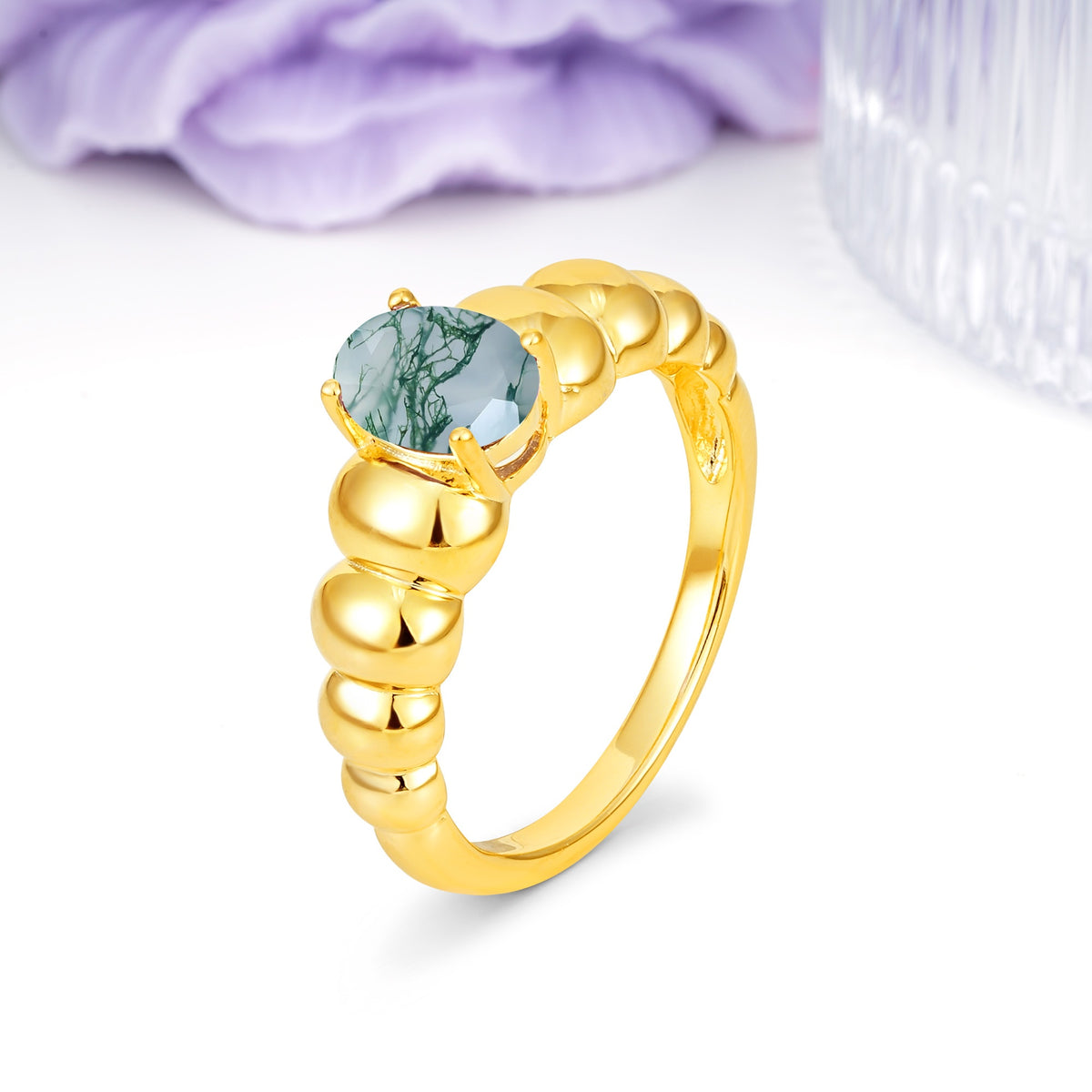 Unique Stacked 4-Prong Oval Cut Moss Agate Engagement Ring - Additional view