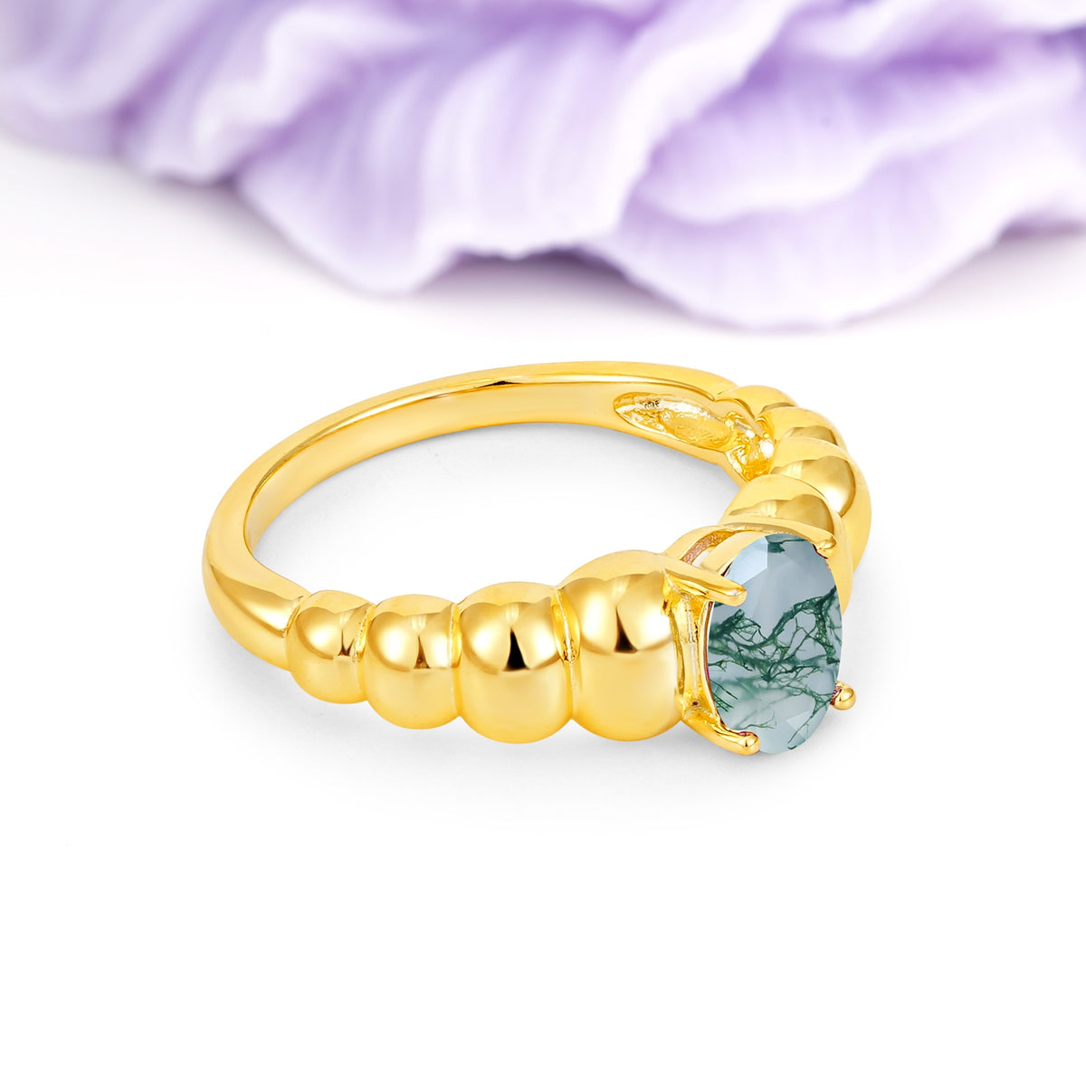 Unique Stacked 4-Prong Oval Cut Moss Agate Engagement Ring - Additional view