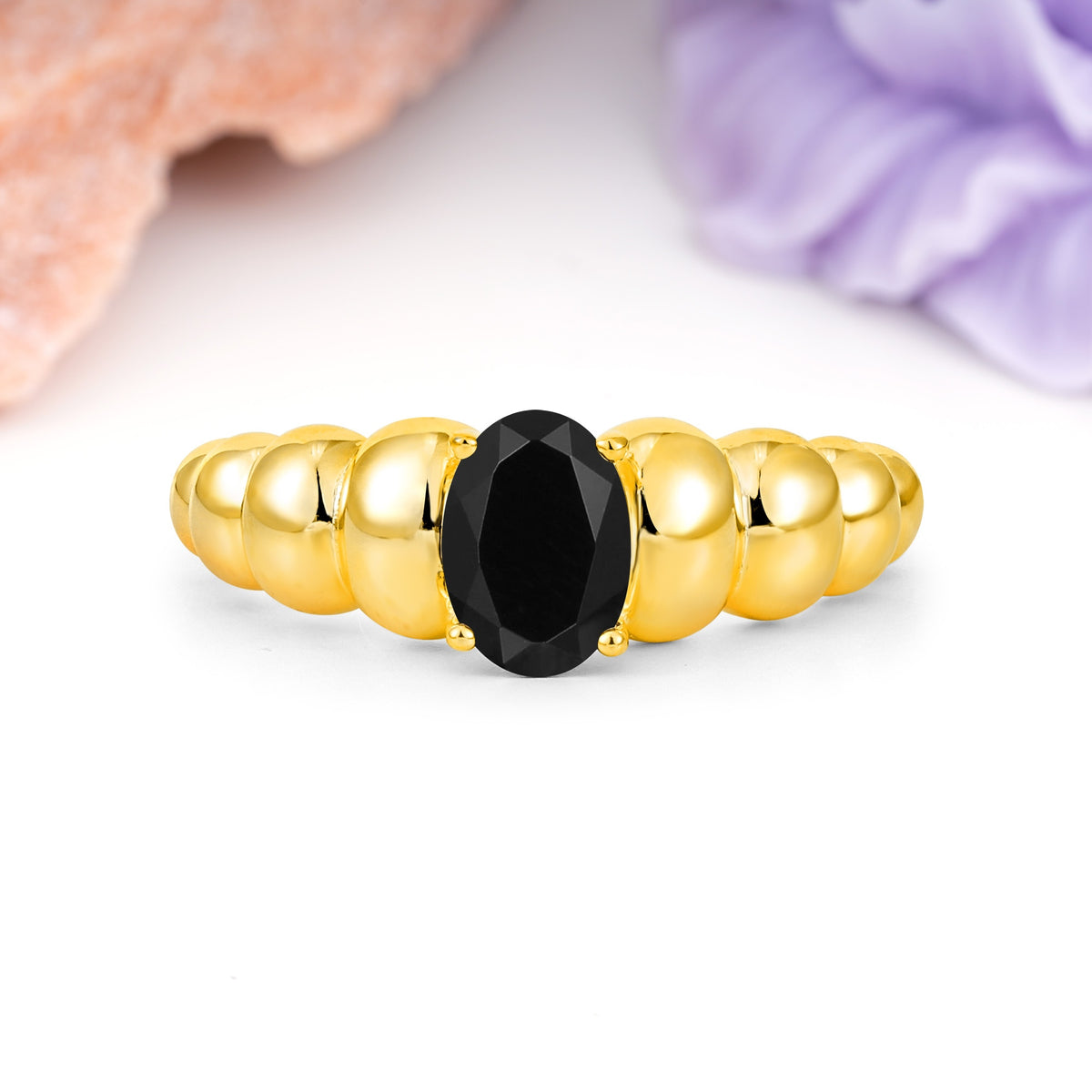 Unique Stacked 4-Prong Oval Cut Black Onyx Engagement Ring - Additional view
