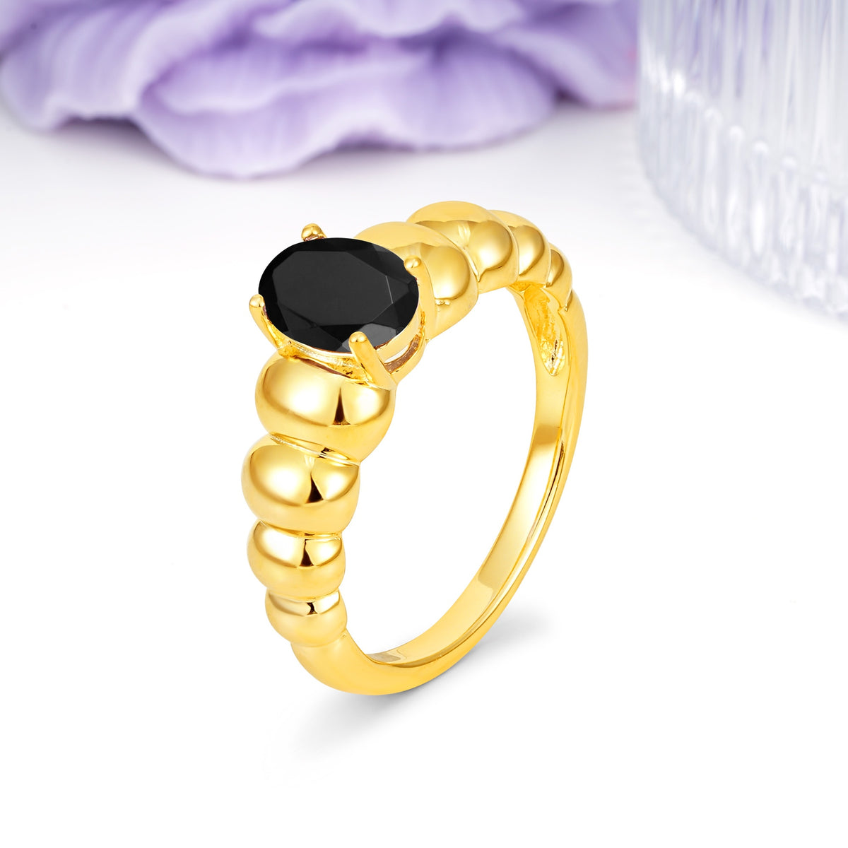 Unique Stacked 4-Prong Oval Cut Black Onyx Engagement Ring - Additional view