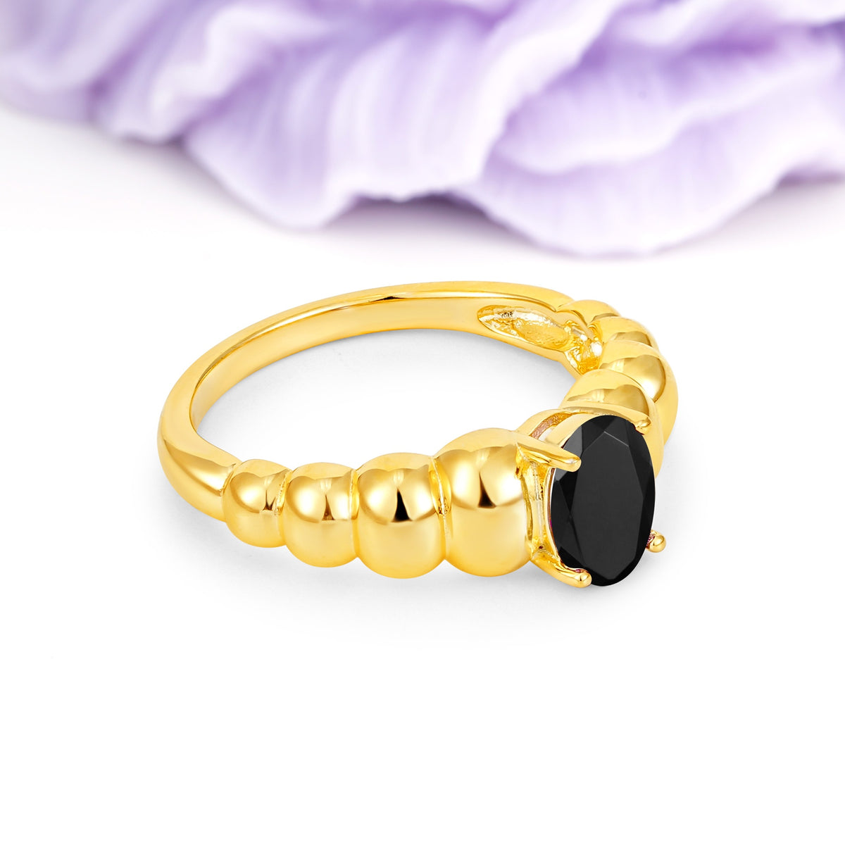 Unique Stacked 4-Prong Oval Cut Black Onyx Engagement Ring - Additional view