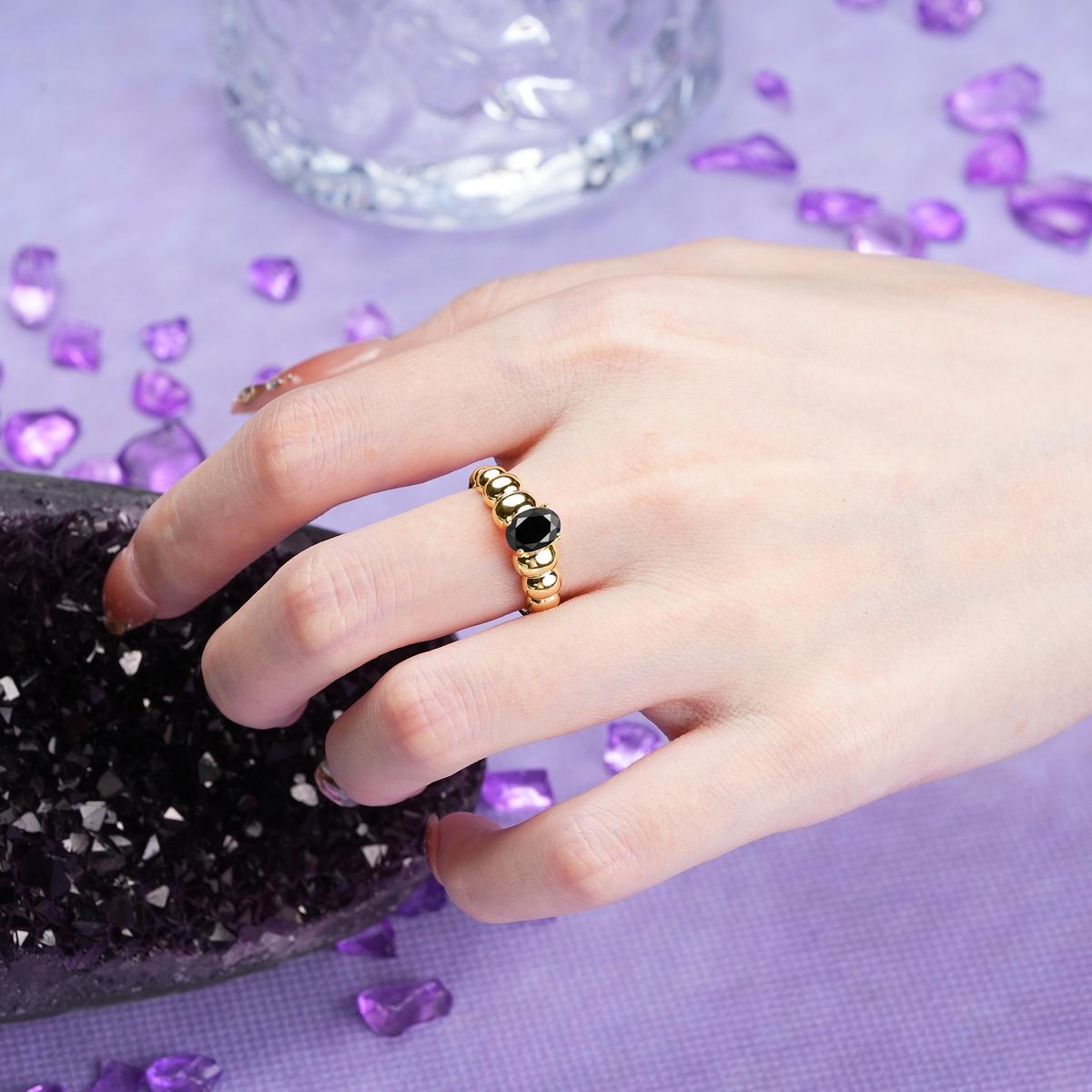 Unique Stacked 4-Prong Oval Cut Black Onyx Engagement Ring