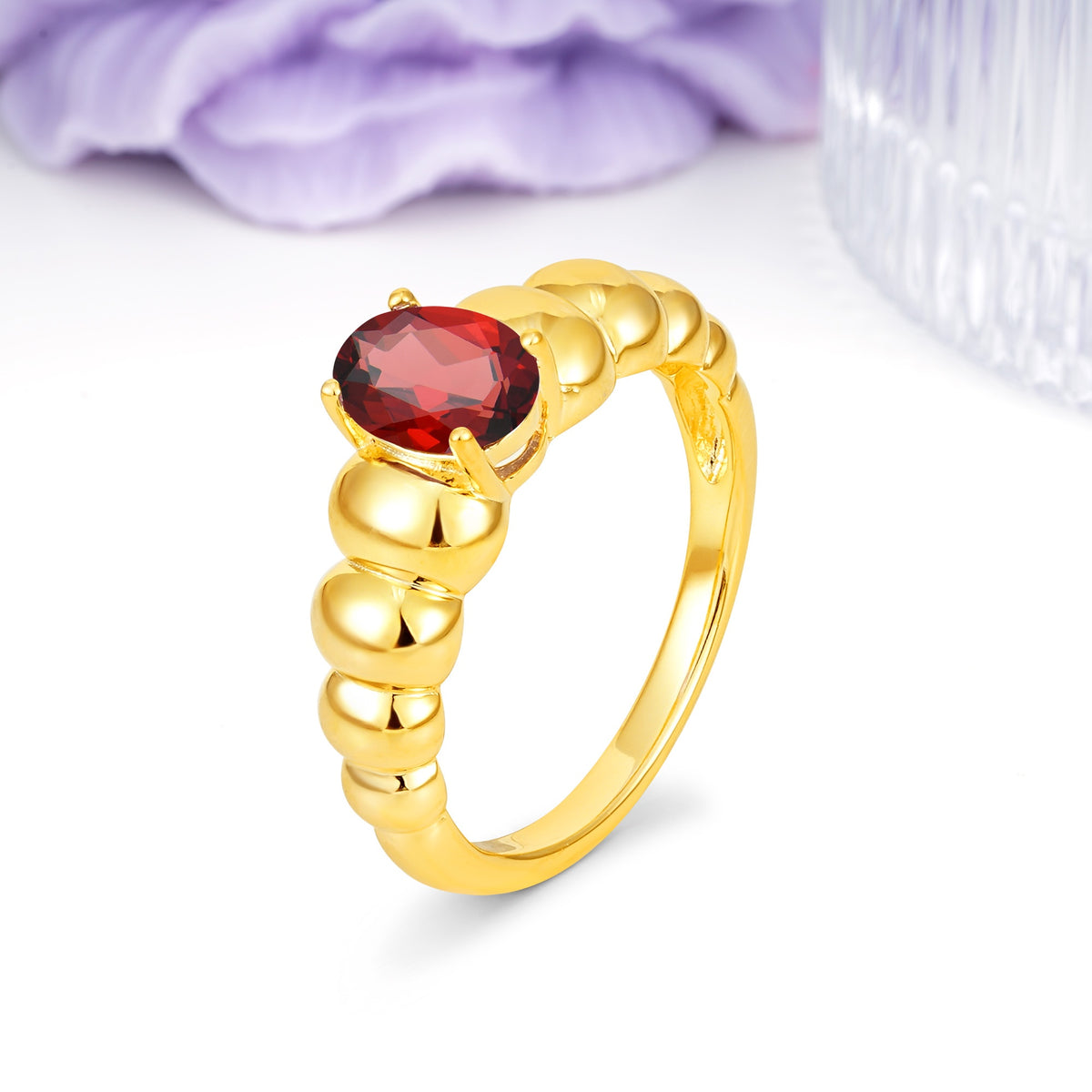 Unique Stacked 4-Prong Oval Cut Garnet Engagement Ring - Additional view