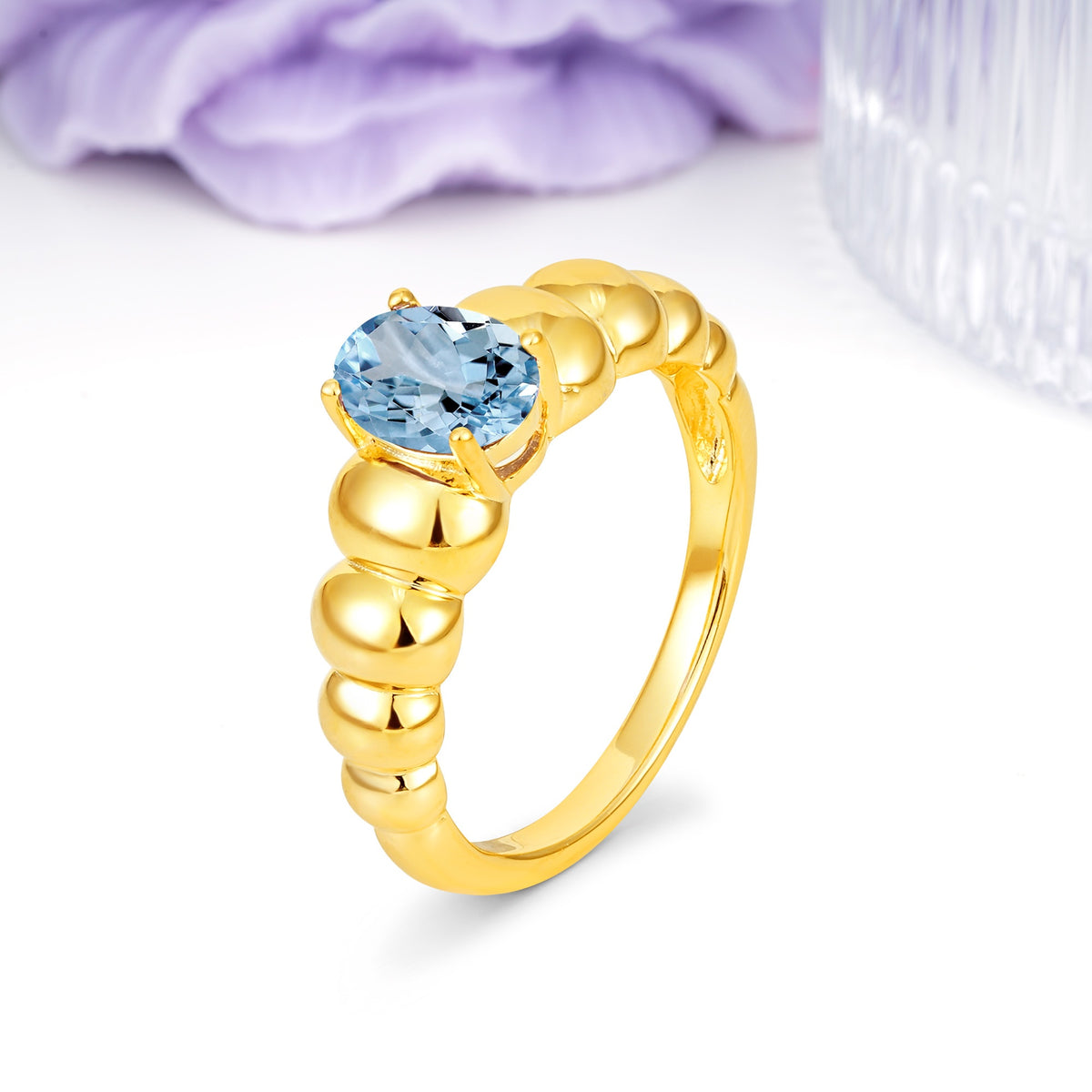 Unique Stacked 4-Prong Oval Cut Aquamarine Engagement Ring - Additional view