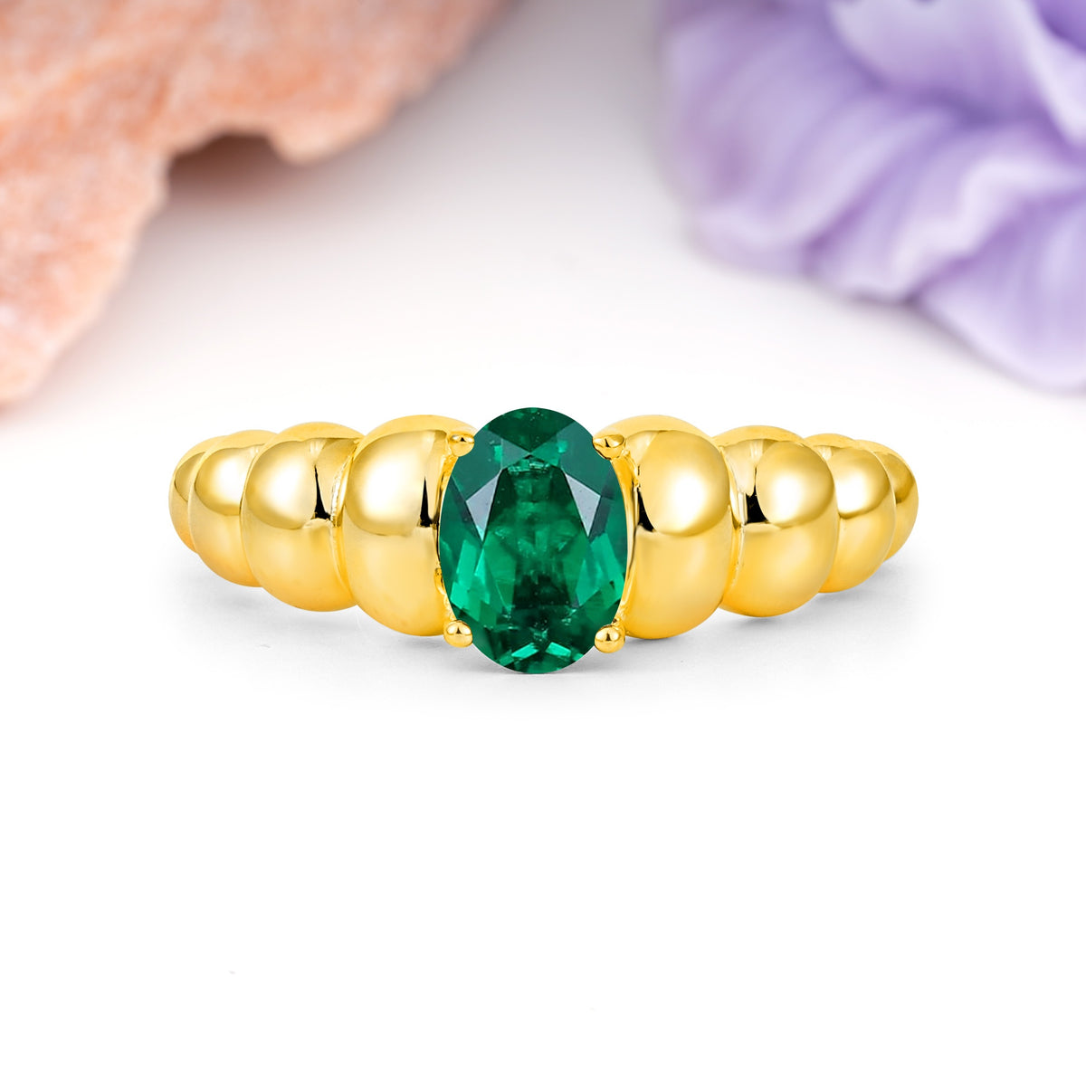 Unique Stacked 4-Prong Oval Cut Emerald Engagement Ring - Additional view