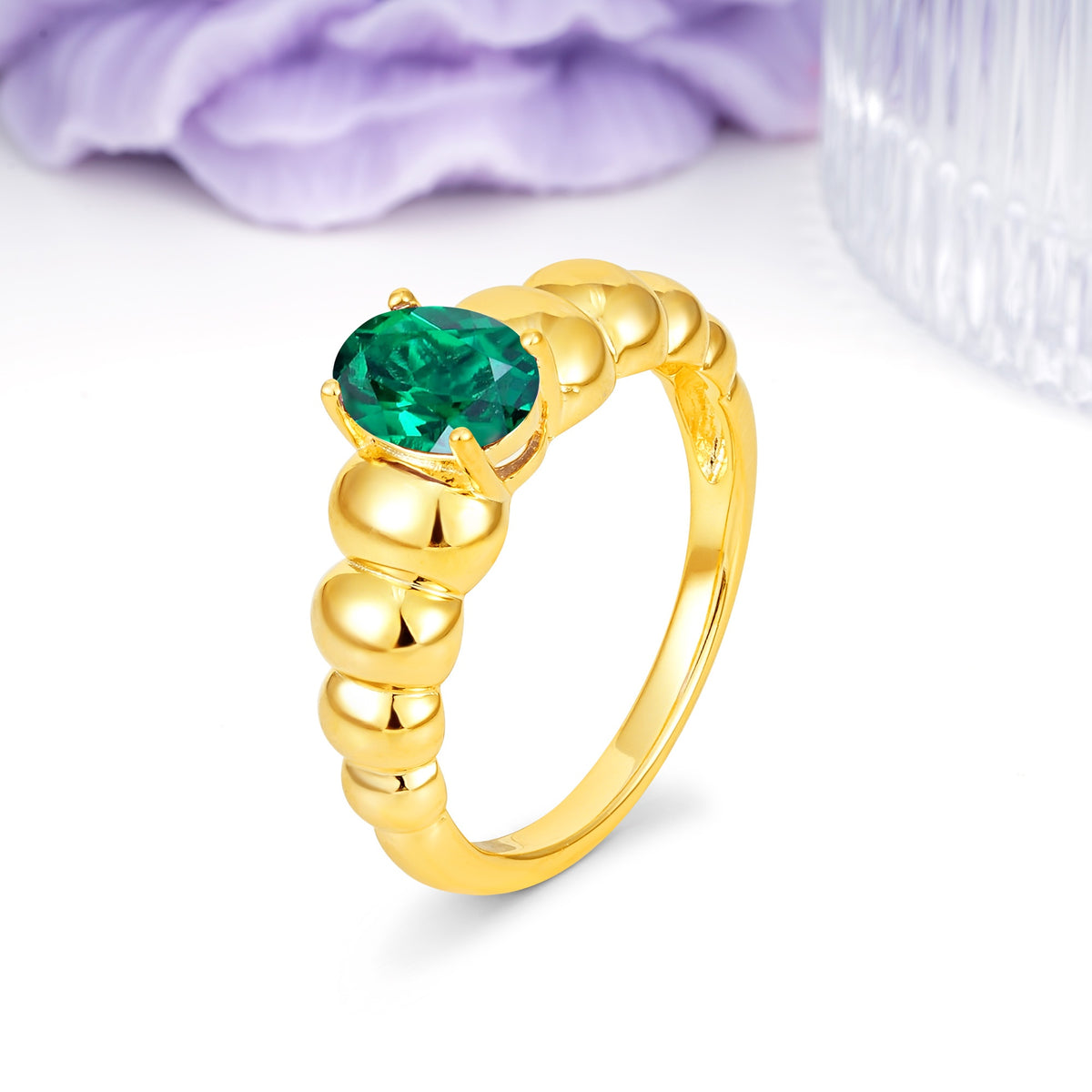Unique Stacked 4-Prong Oval Cut Emerald Engagement Ring - Additional view