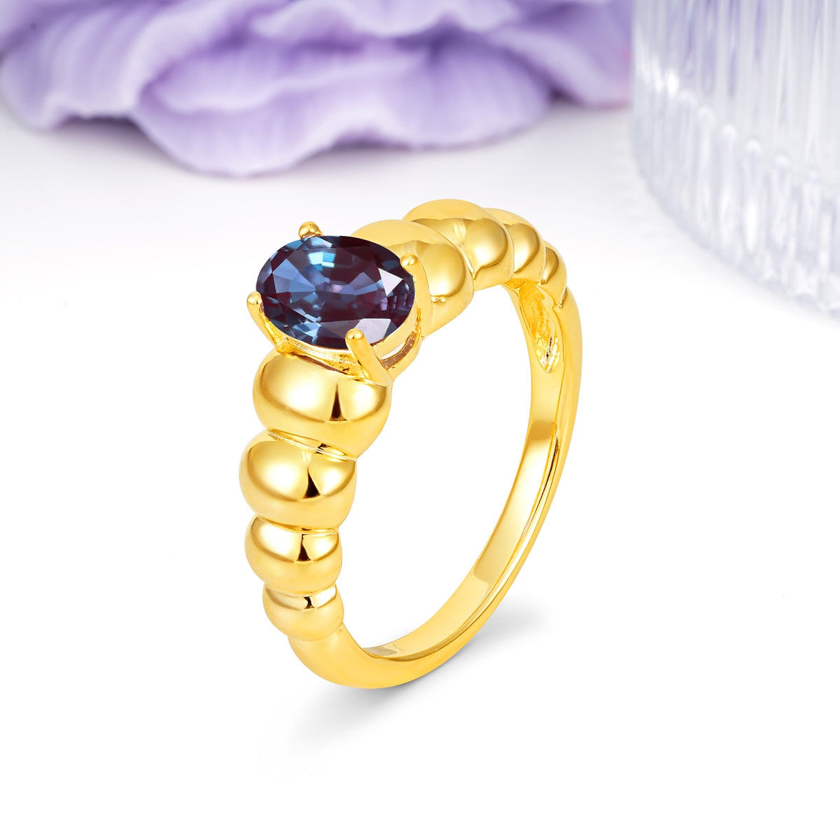 Unique Stacked 4-Prong Oval Cut Alexandrite Engagement Ring - Additional view
