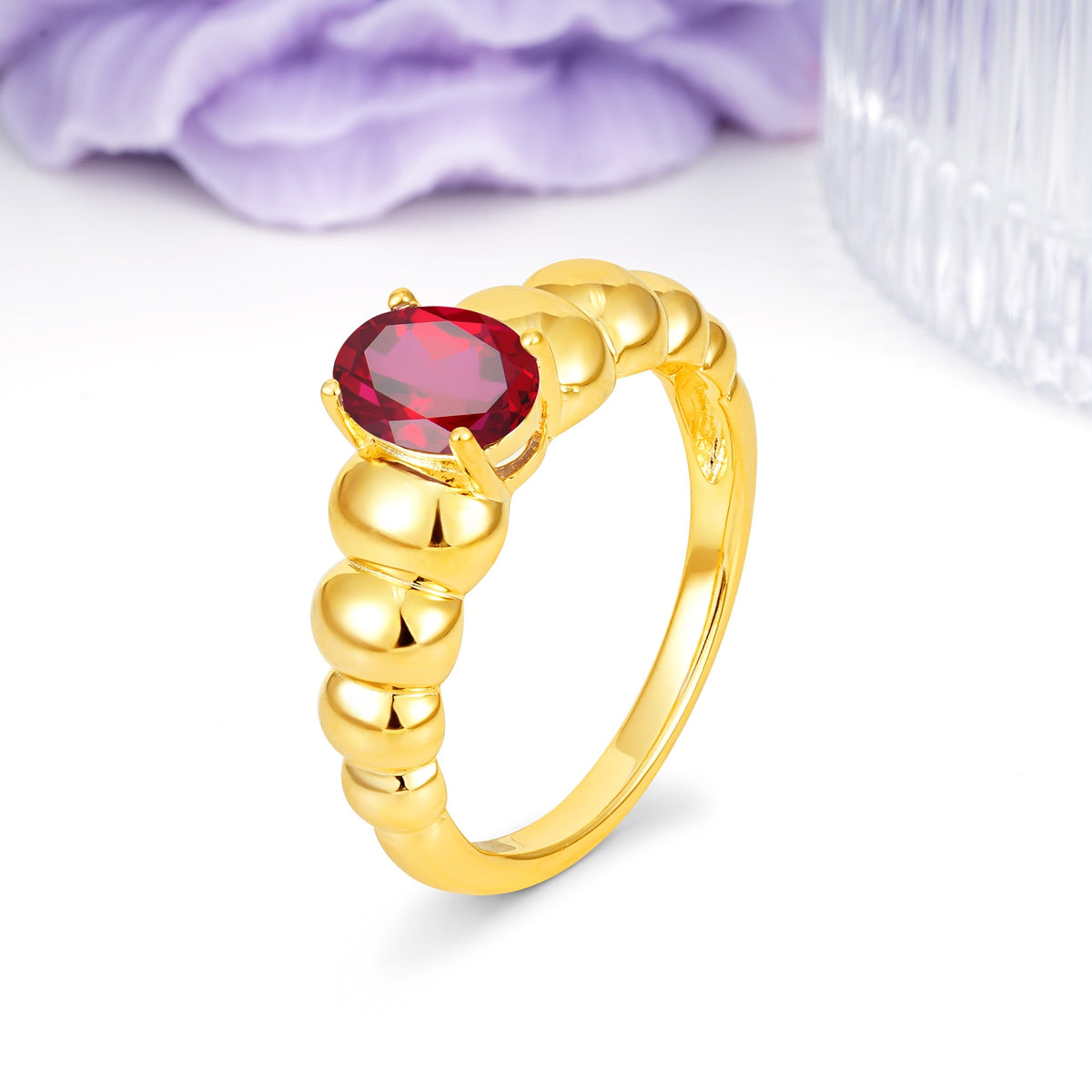 Unique Stacked 4-Prong Oval Cut Ruby Engagement Ring - Additional view