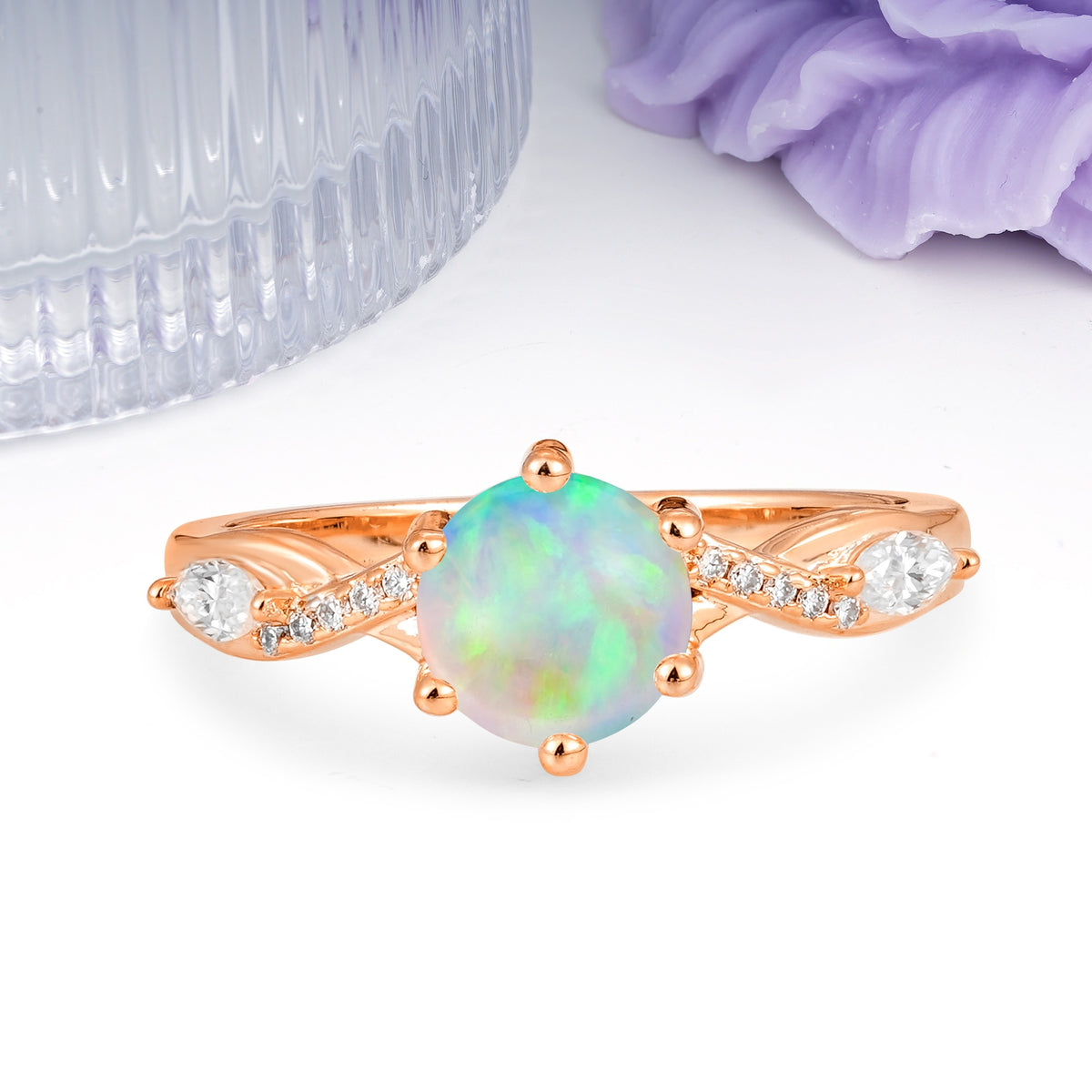 Unique Intertwined 6-Prong Round Cut Fire Opal Engagement Ring - Additional view