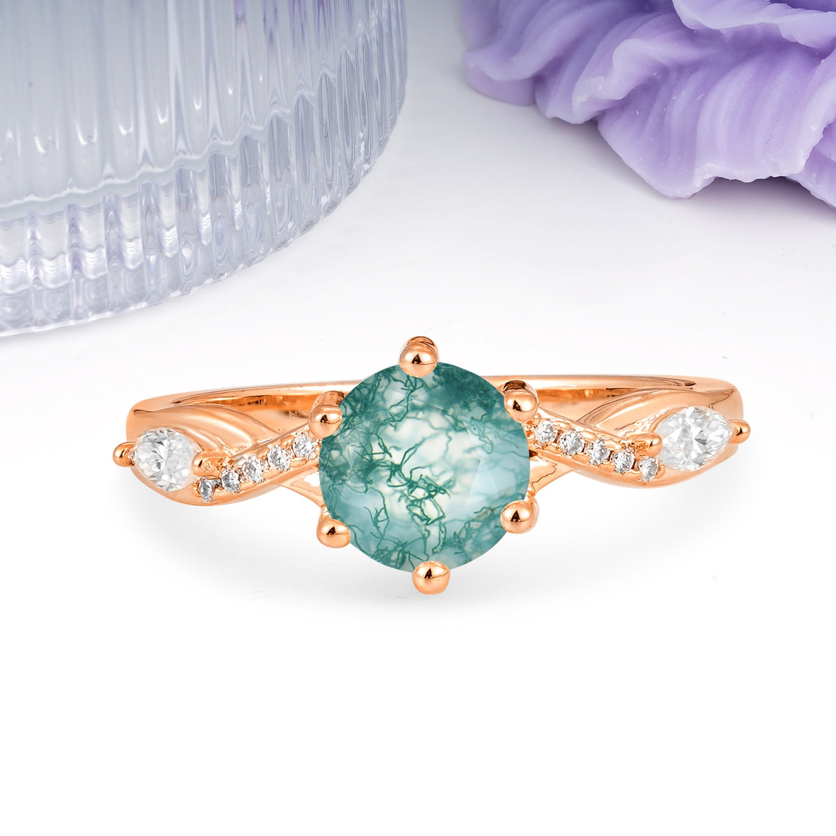 Unique Intertwined 6-Prong Round Cut Moss Agate Engagement Ring - Additional view
