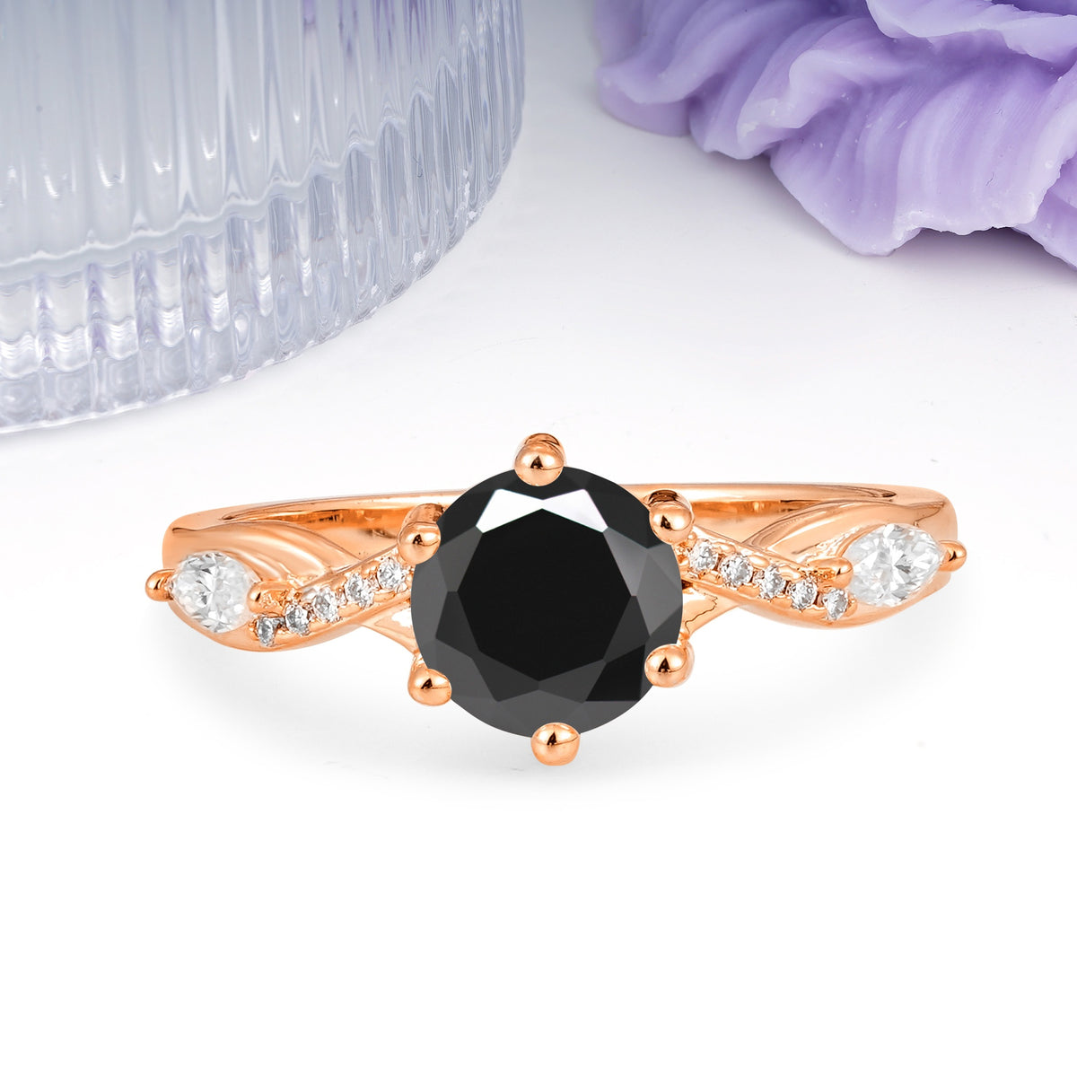 Unique Intertwined 6-Prong Round Cut Black Onyx Engagement Ring - Additional view