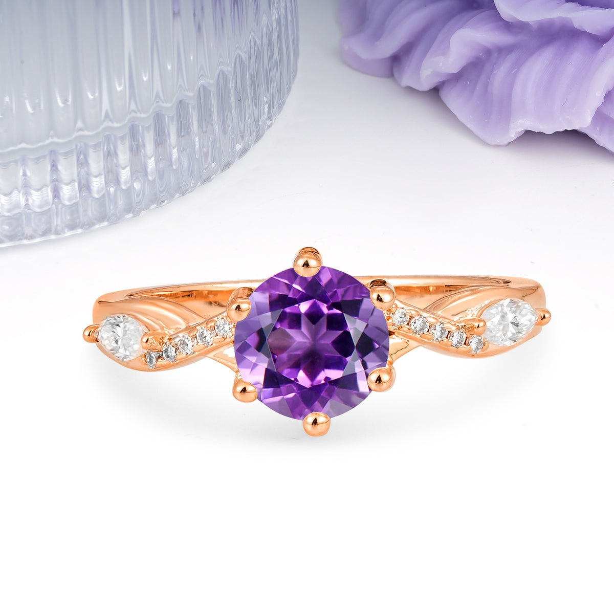 Unique Intertwined 6-Prong Round Cut Amethyst Engagement Ring - Additional view