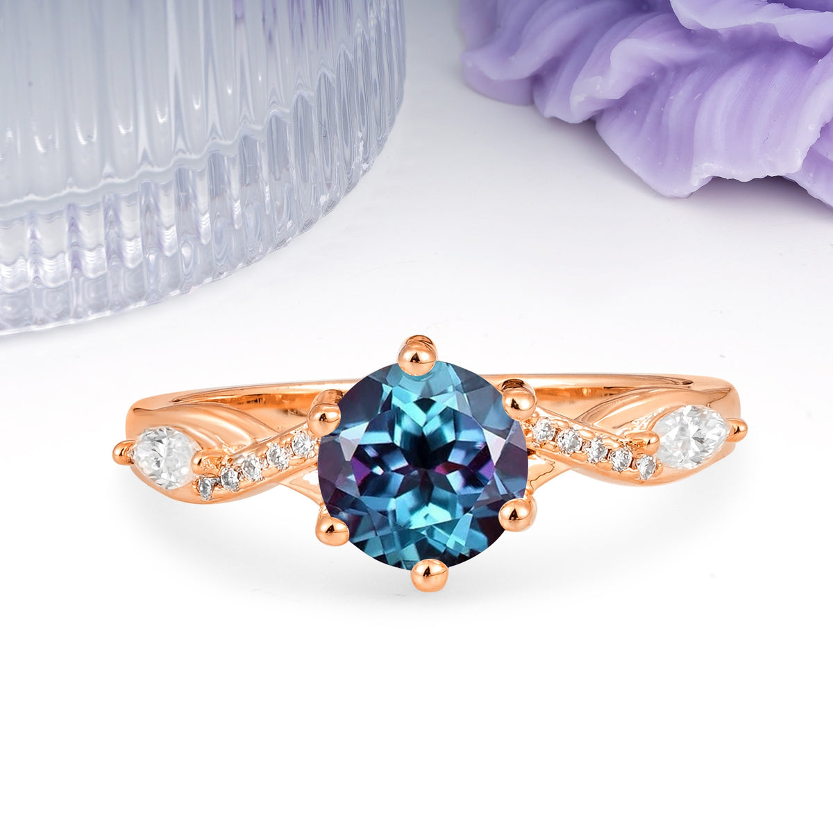 Unique Intertwined 6-Prong Round Cut Alexandrite Engagement Ring - Additional view