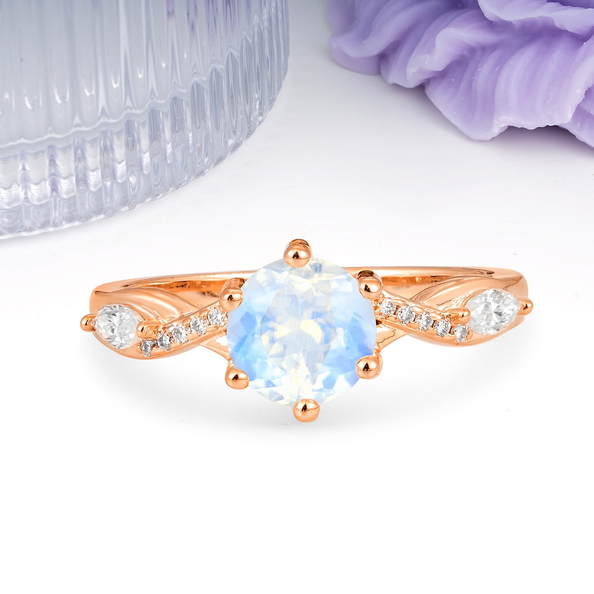 Unique Intertwined 6-Prong Round Cut Moonstone Engagement Ring - Additional view