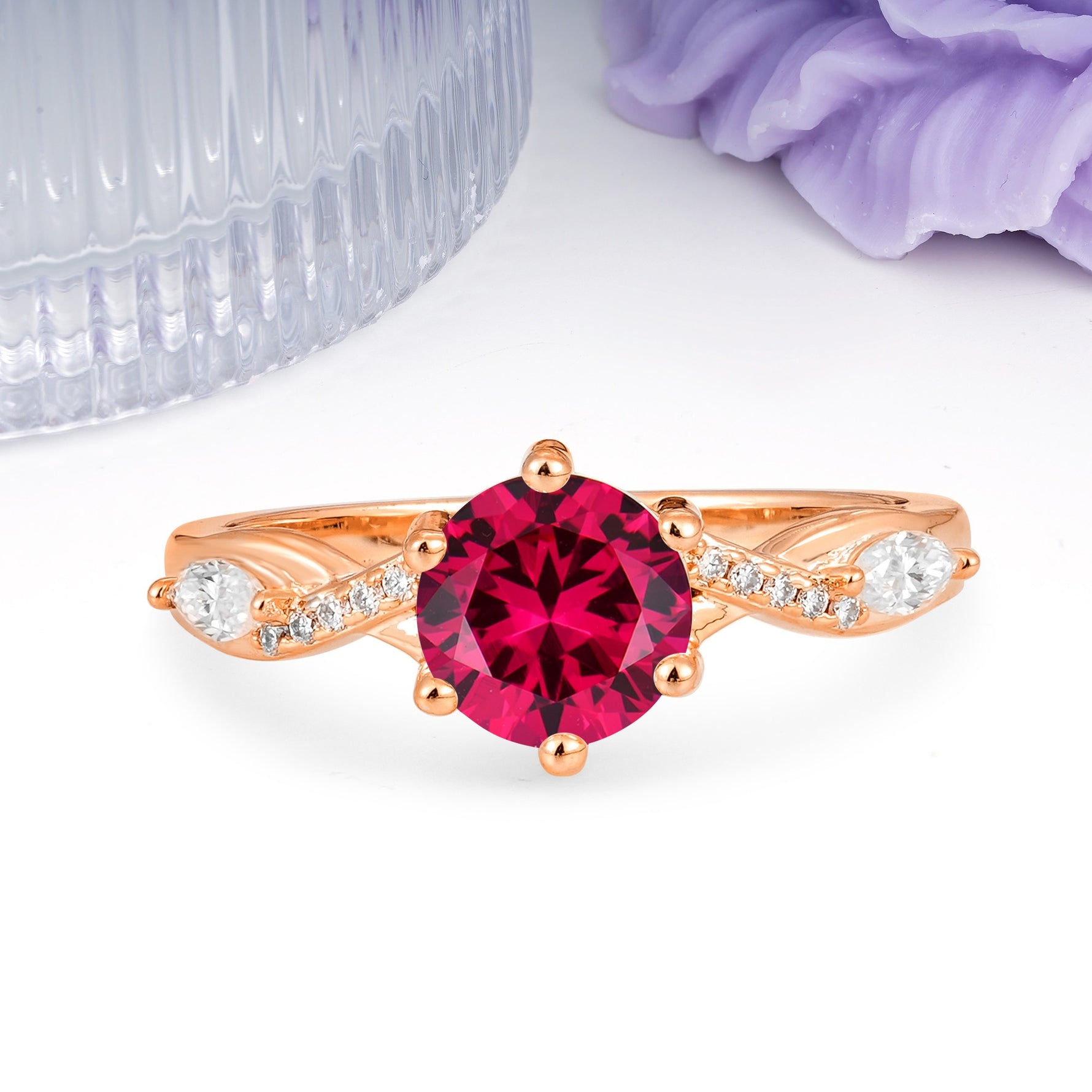 Unique Intertwined 6-Prong Round Cut Ruby Engagement Ring - Additional view
