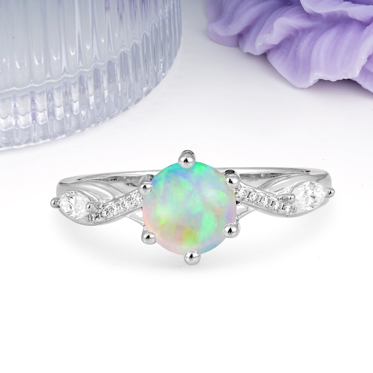 Unique Intertwined 6-Prong Round Cut Fire Opal Engagement Ring - Additional view