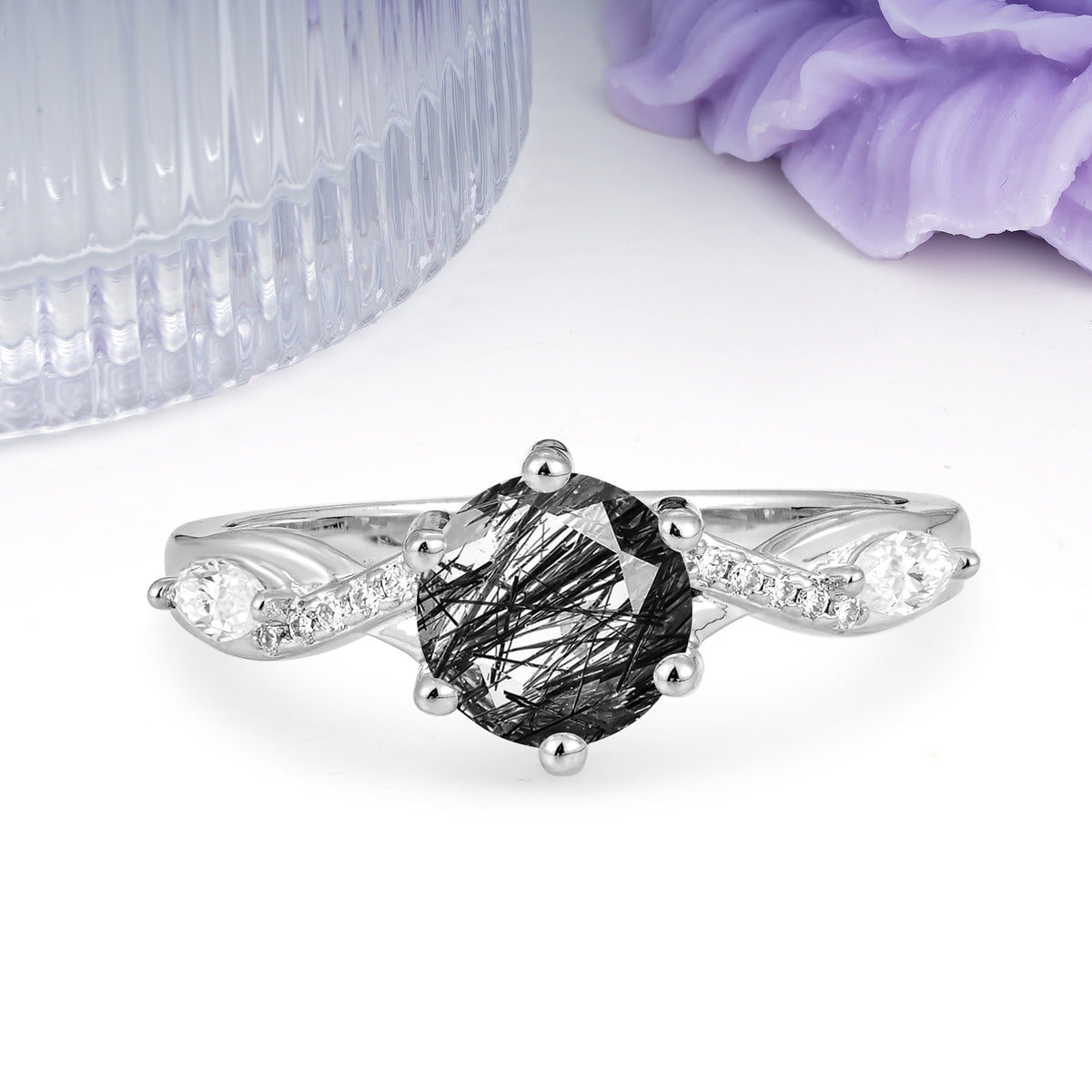 Unique Intertwined 6-Prong Round Cut Black Rutilated Quartz Engagement Ring - Additional view