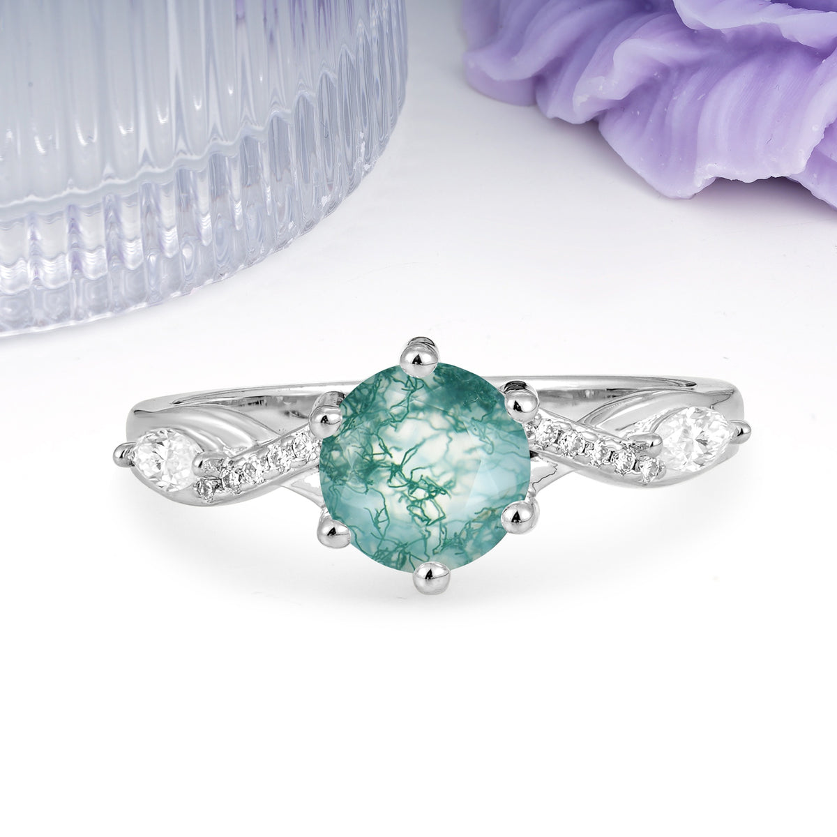Unique Intertwined 6-Prong Round Cut Moss Agate Engagement Ring - Additional view
