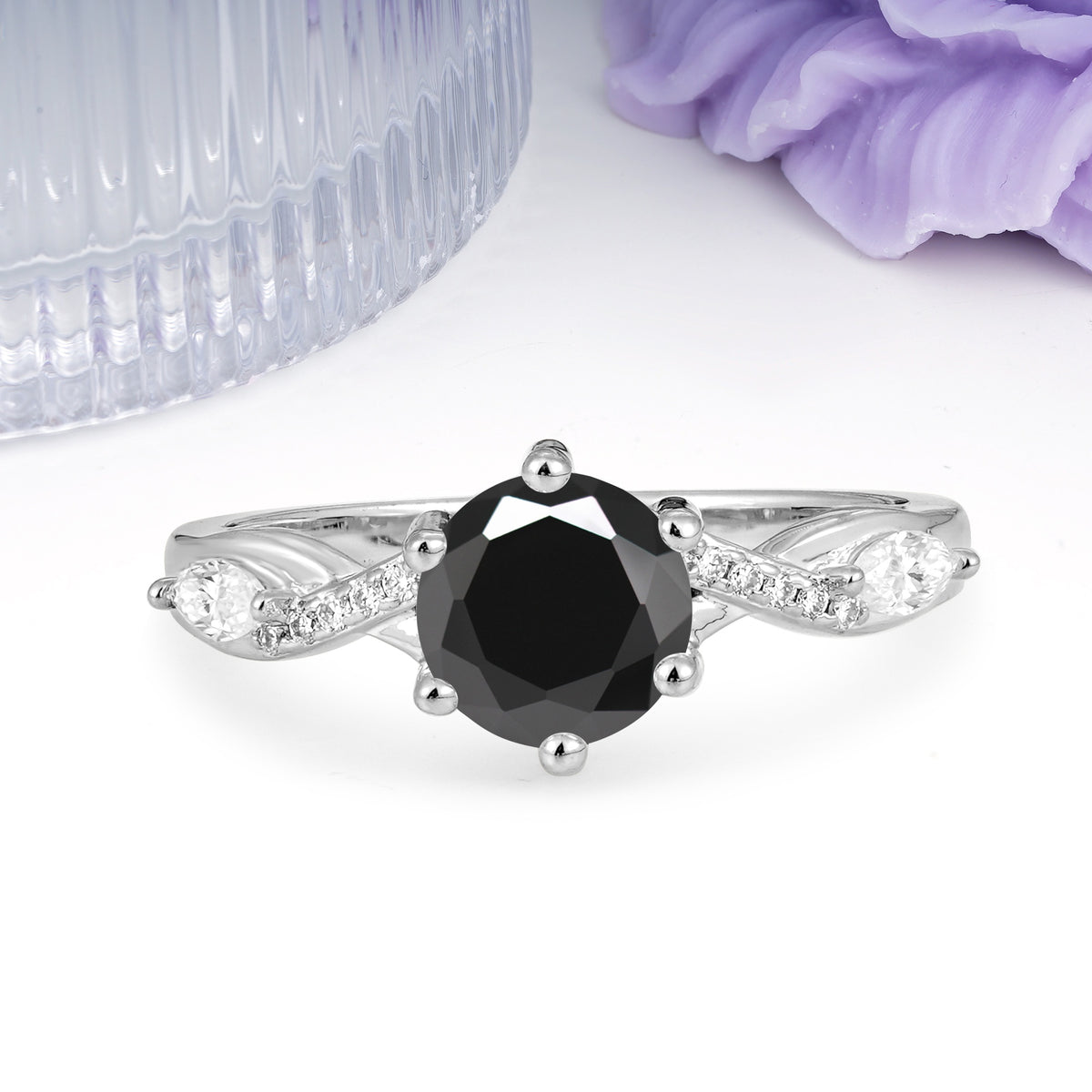 Unique Intertwined 6-Prong Round Cut Black Onyx Engagement Ring - Additional view