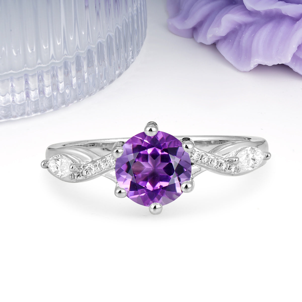 Unique Intertwined 6-Prong Round Cut Amethyst Engagement Ring - Additional view
