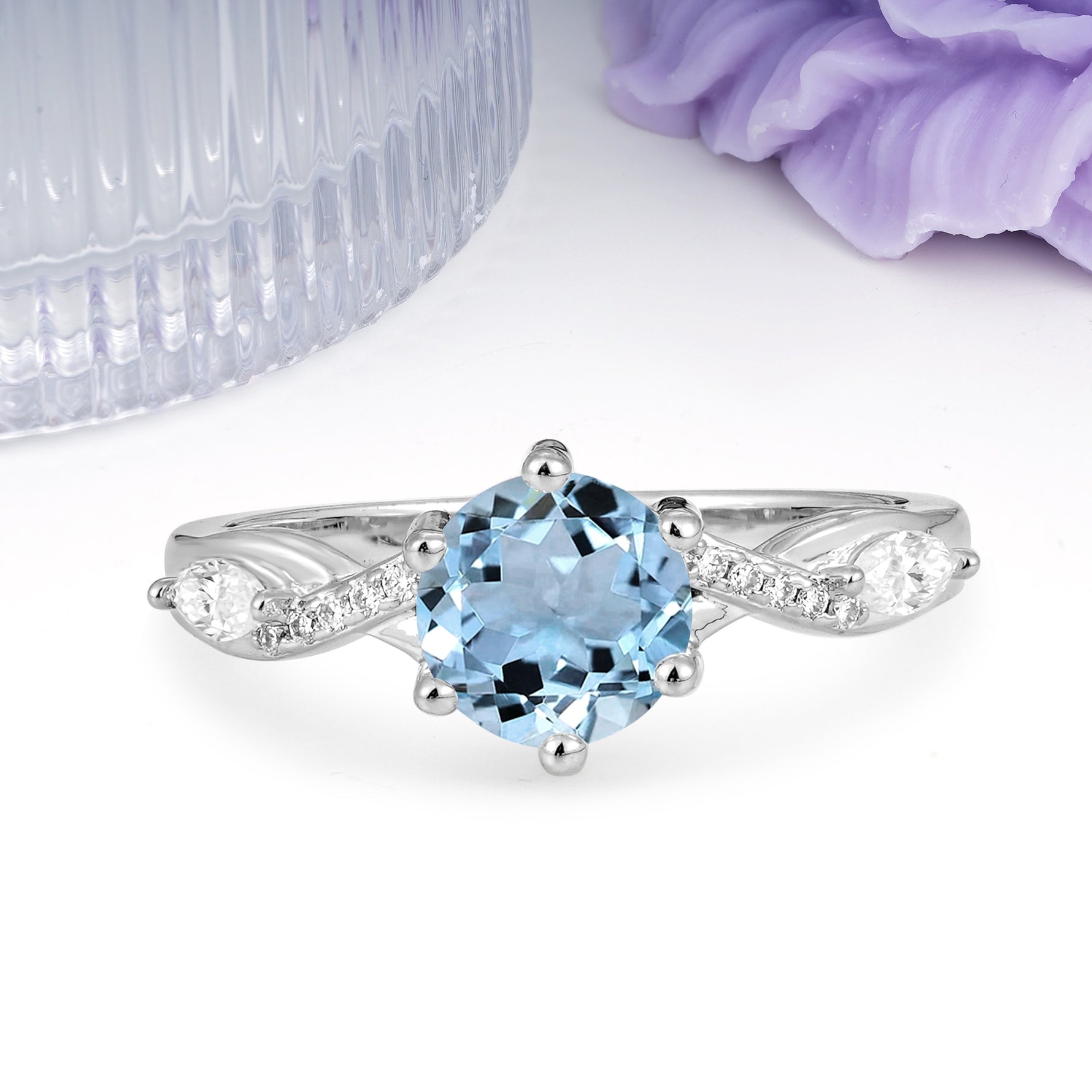 Unique Intertwined 6-Prong Round Cut Aquamarine Engagement Ring - Additional view