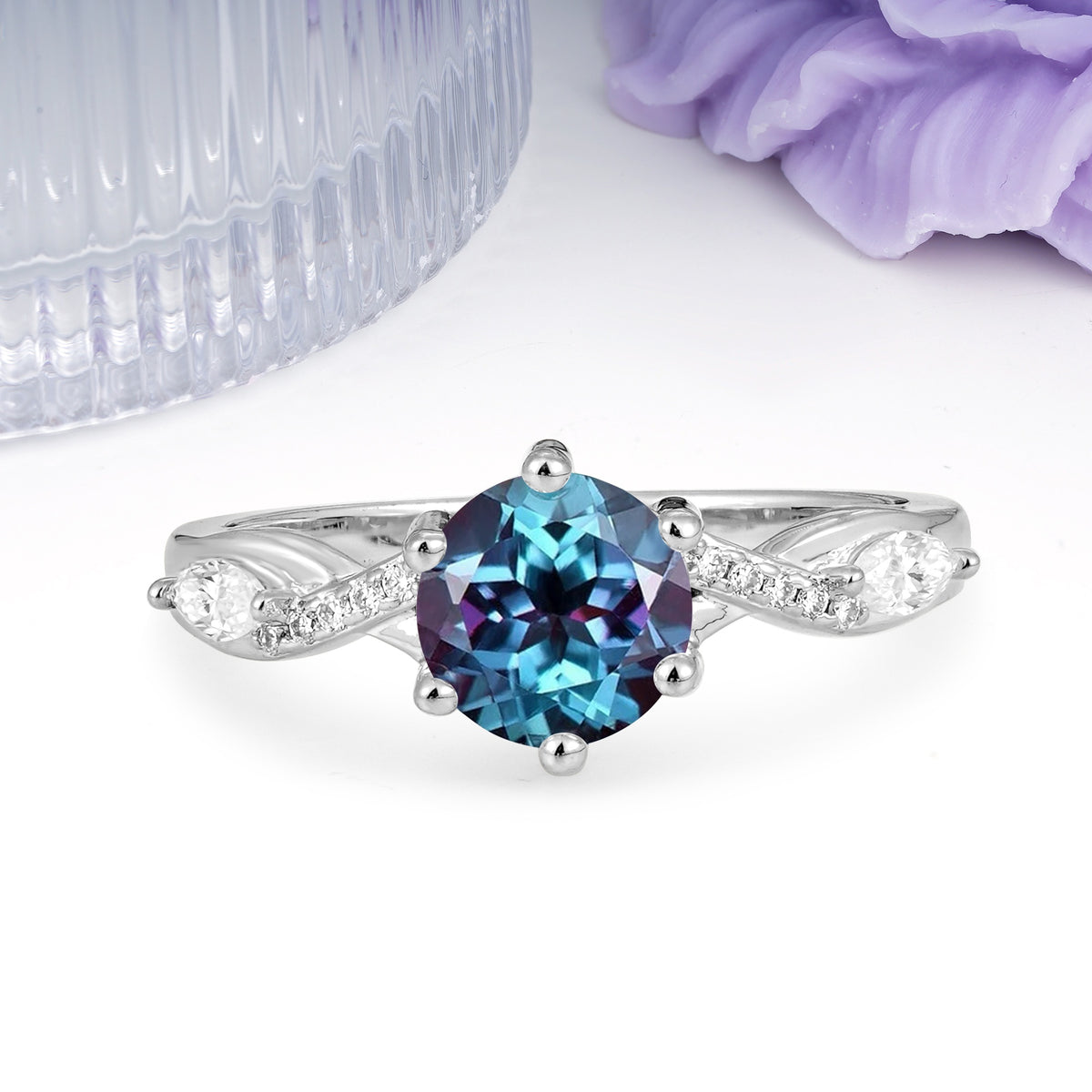 Unique Intertwined 6-Prong Round Cut Alexandrite Engagement Ring - Additional view
