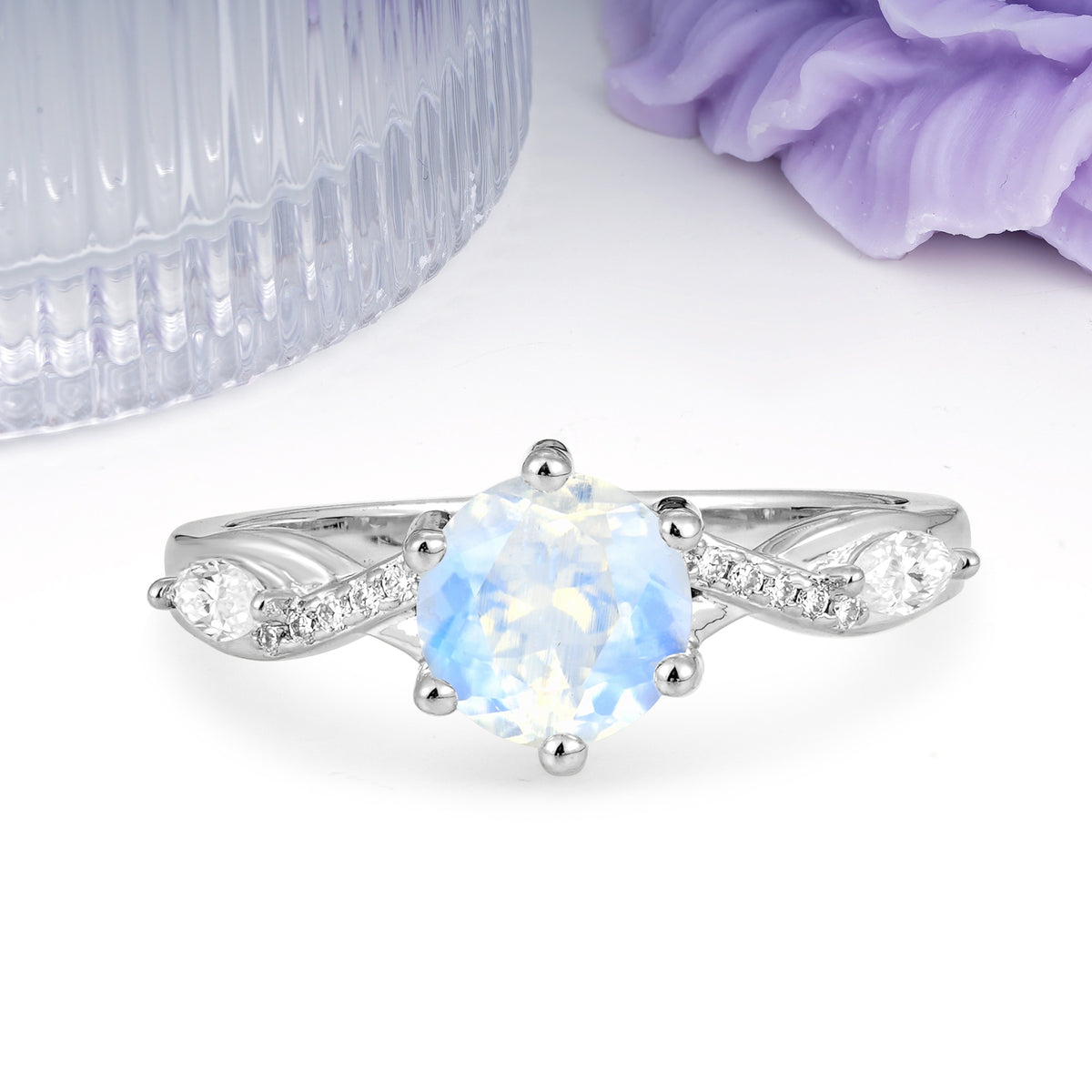 Unique Intertwined 6-Prong Round Cut Moonstone Engagement Ring - Additional view