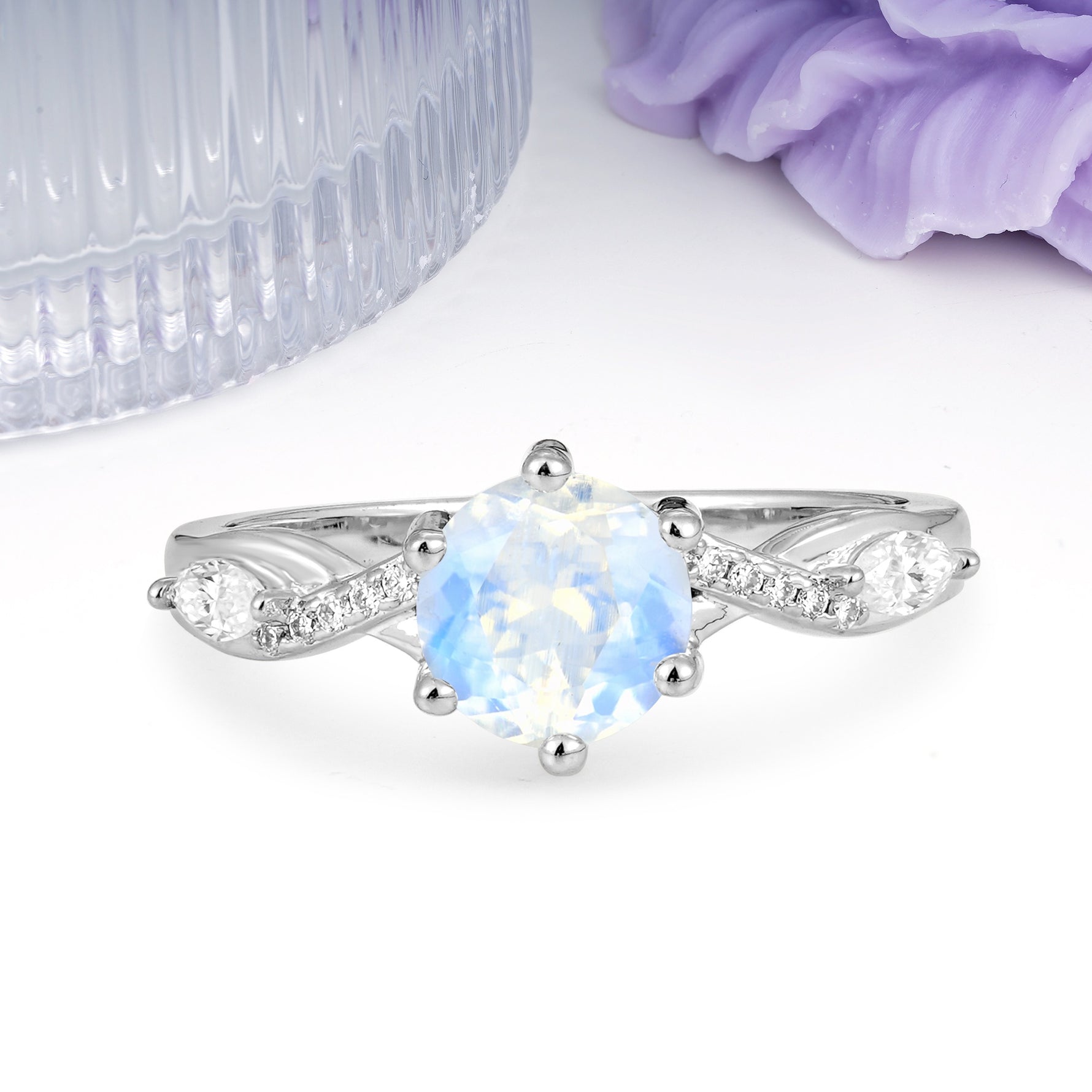 Unique Intertwined 6-Prong Round Cut Moonstone Engagement Ring - Additional view