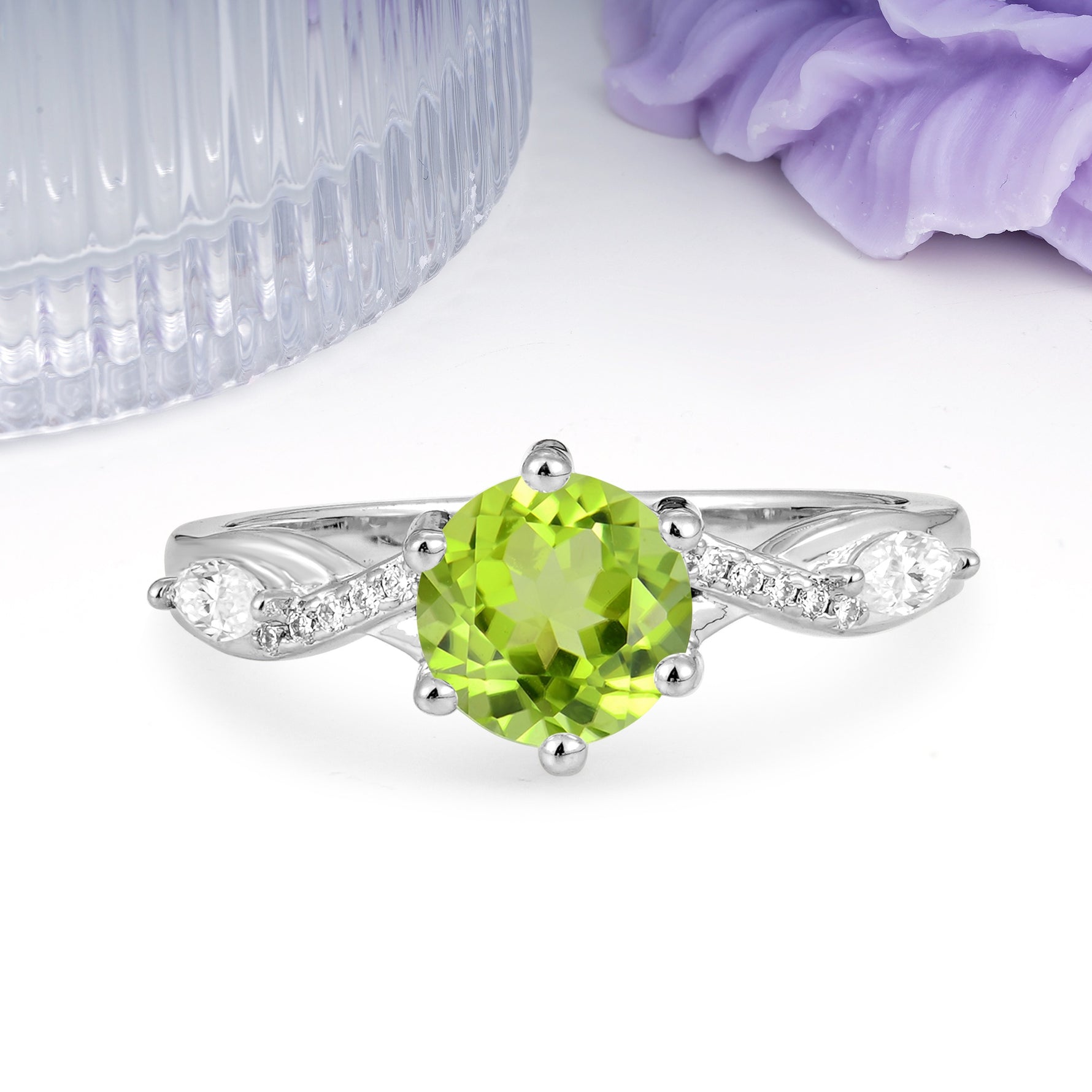 Unique Intertwined 6-Prong Round Cut Peridot Engagement Ring - Additional view