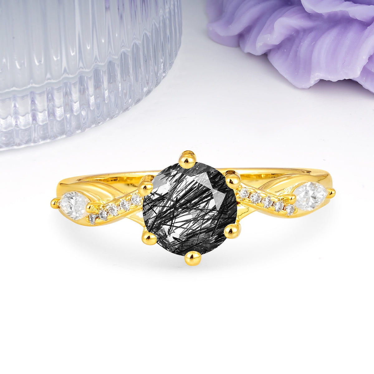 Unique Intertwined 6-Prong Round Cut Black Rutilated Quartz Engagement Ring - Additional view
