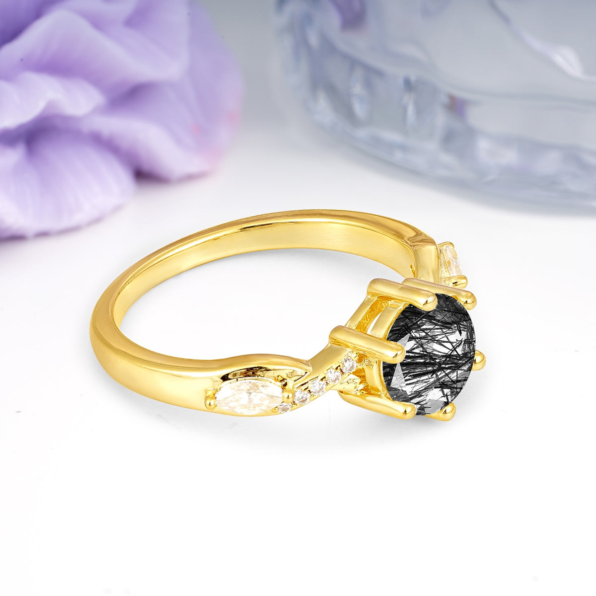 Unique Intertwined 6-Prong Round Cut Black Rutilated Quartz Engagement Ring - Additional view