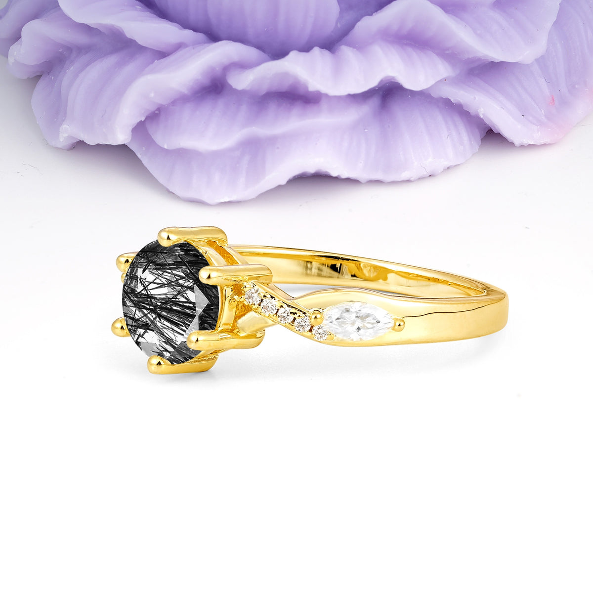 Unique Intertwined 6-Prong Round Cut Black Rutilated Quartz Engagement Ring - Additional view